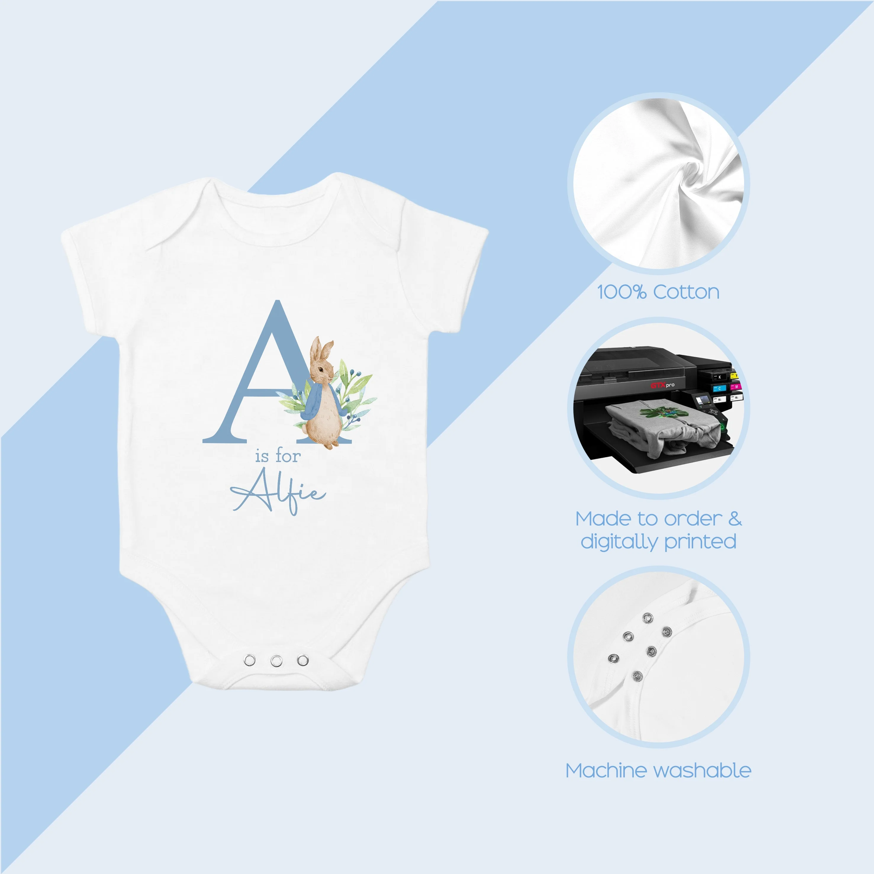 Personalised Dusky Blue Rabbit Initial Babygrow/Vest - Image 5