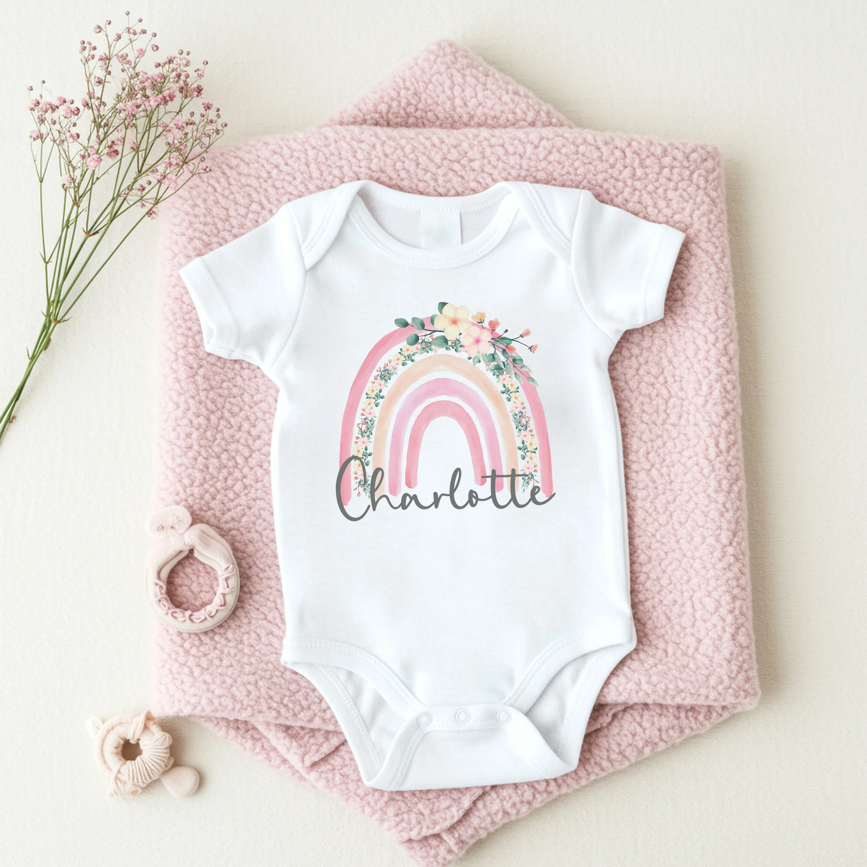 Personalised Dusky Pink Floral Rainbow Babygrow/Vest - Image 2