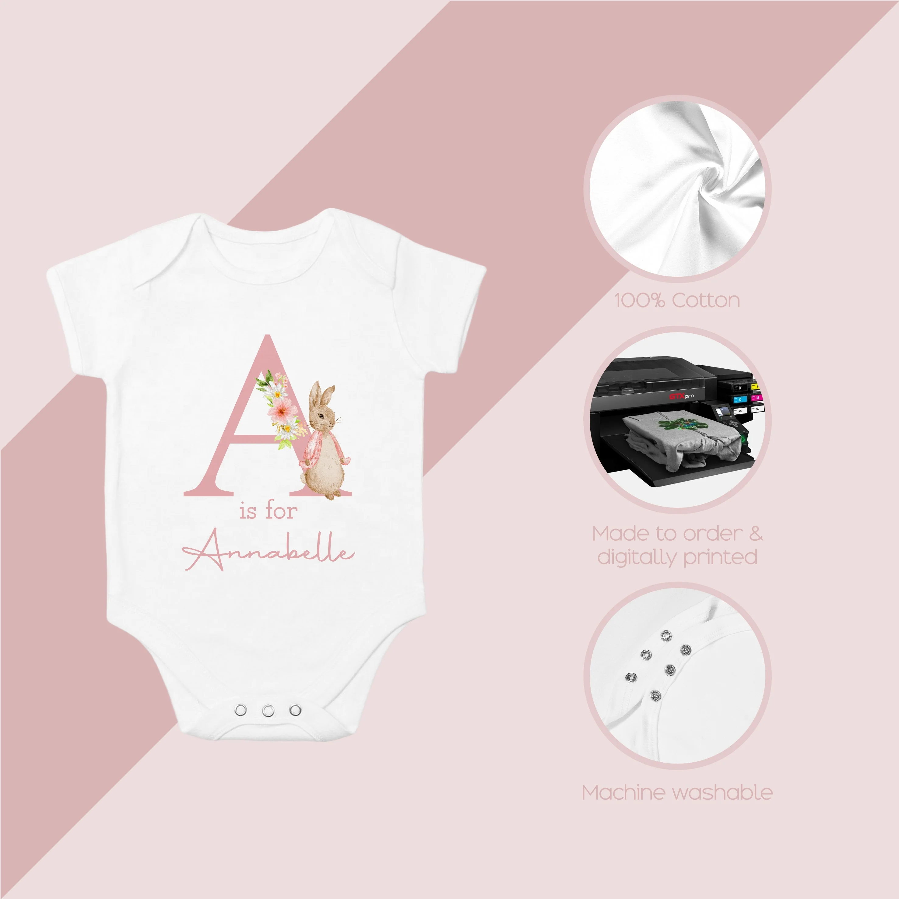 Personalised Dusky Pink Rabbit Initial Babygrow/Vest - Image 4