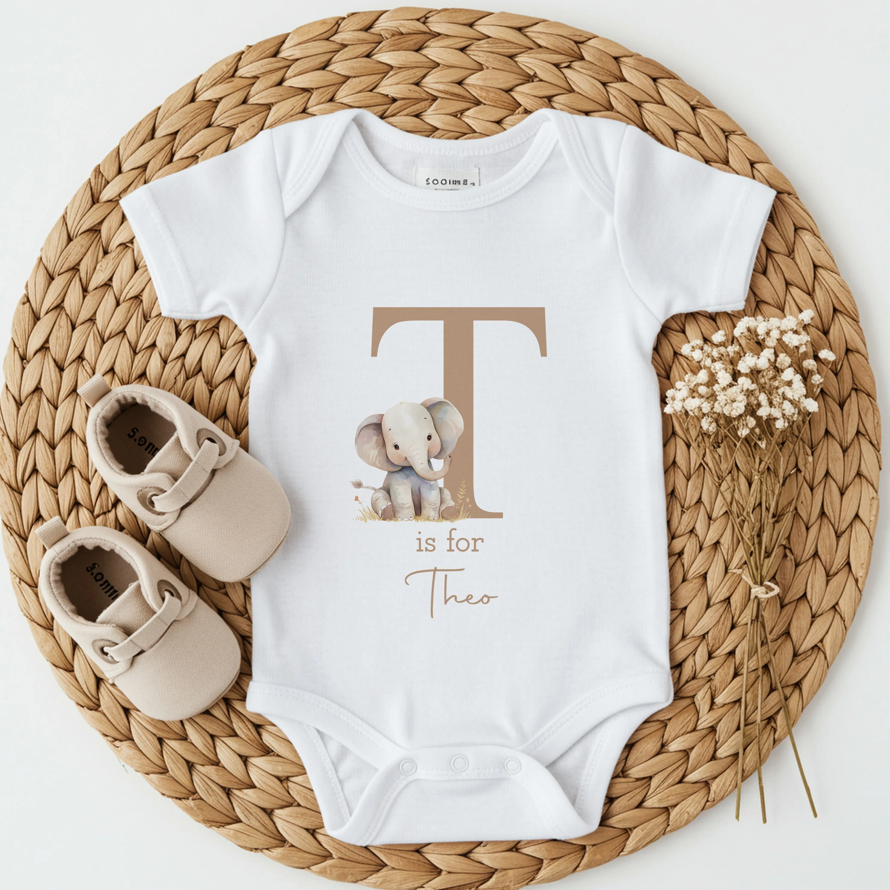 Personalised Beige Elephant Initial Babygrow/Vest/Bib - Image 2