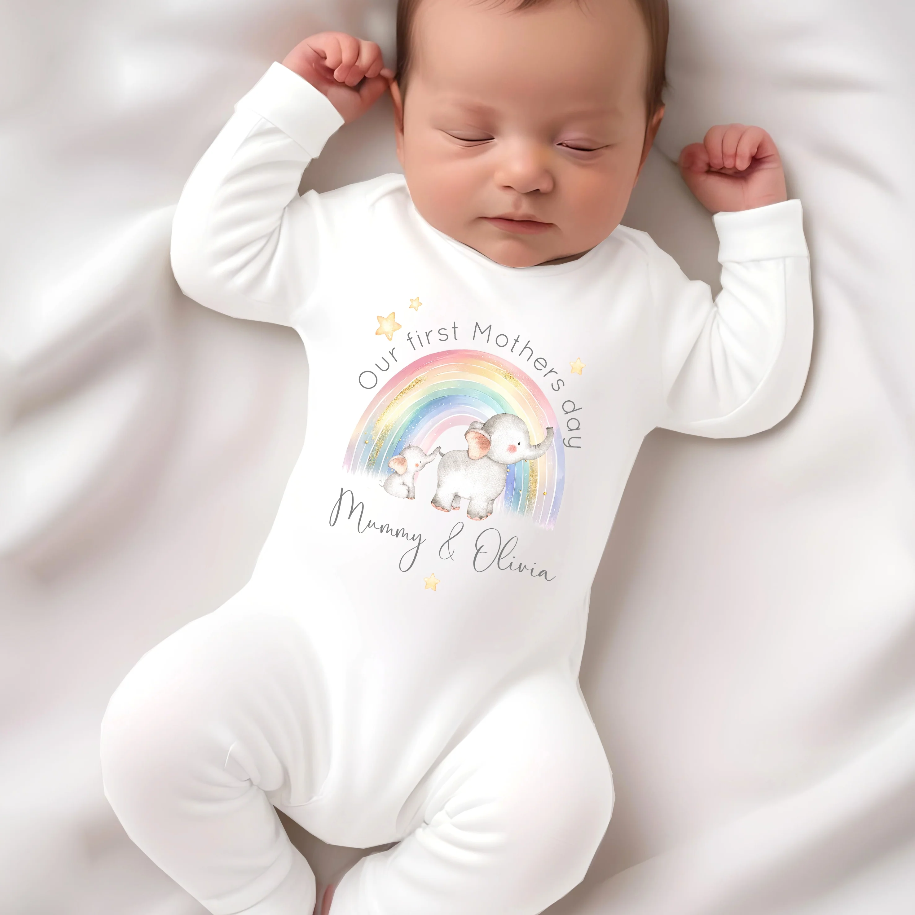 Personalised Elephant Rainbow Our First Mother's Day Baby Grow, Vest or Bib - Image 2