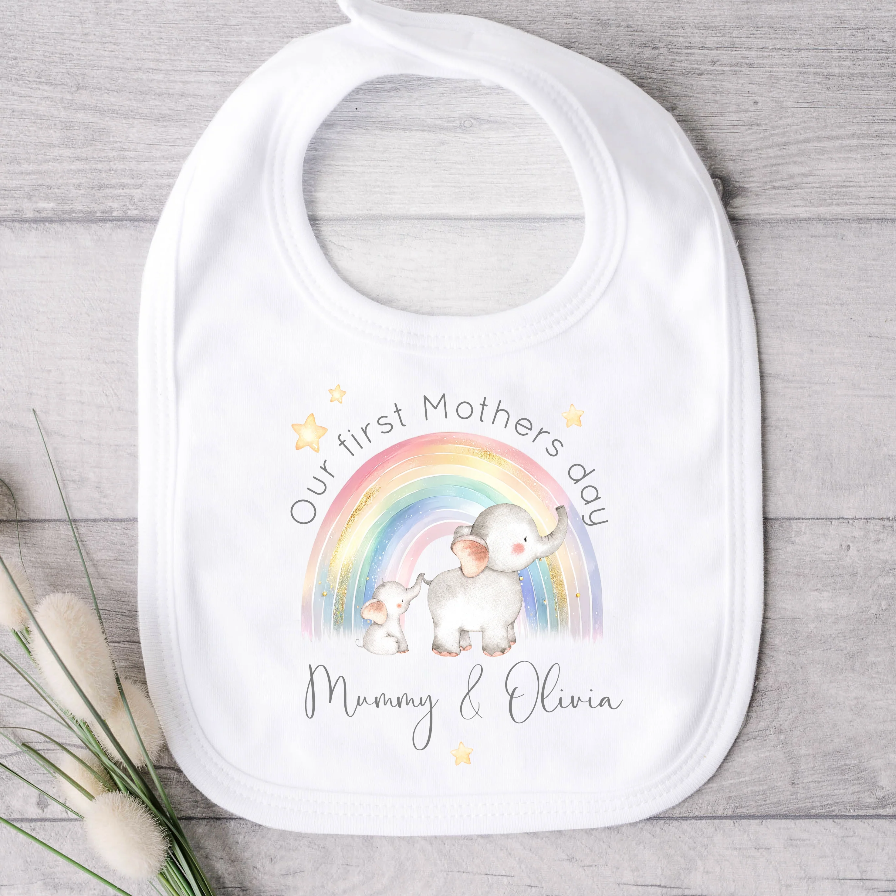 Personalised Elephant Rainbow Our First Mother's Day Baby Grow, Vest or Bib - Image 3