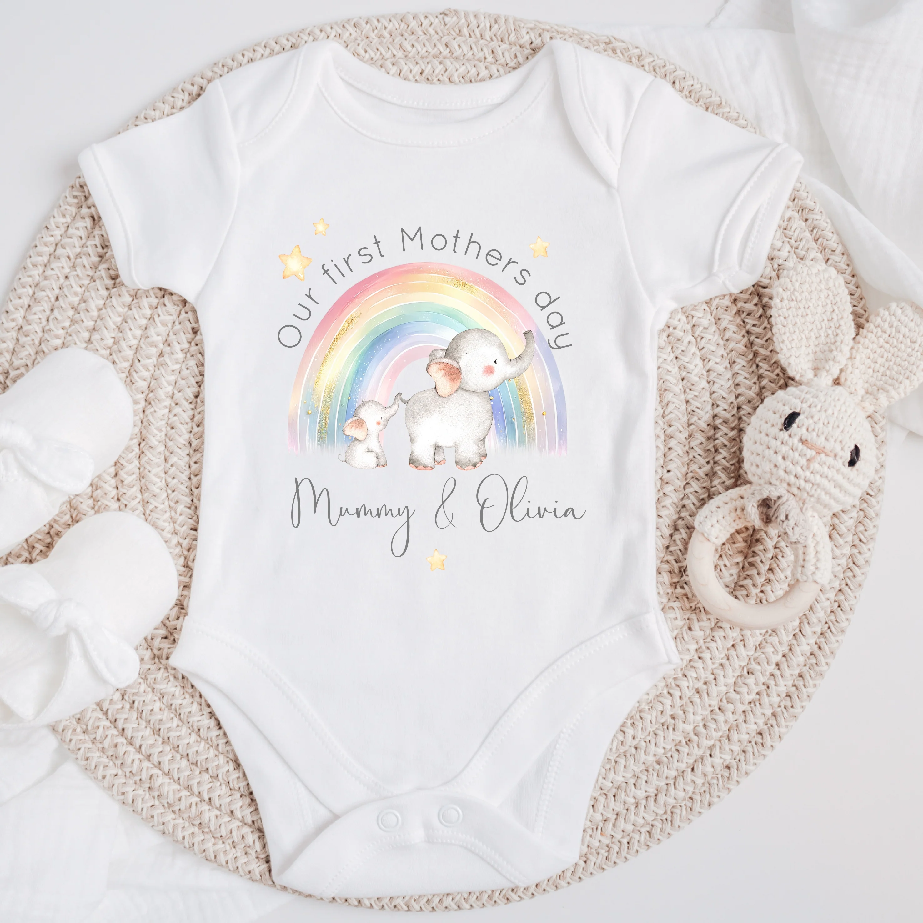Personalised Elephant Rainbow Our First Mother's Day Baby Grow, Vest or Bib - Image 4