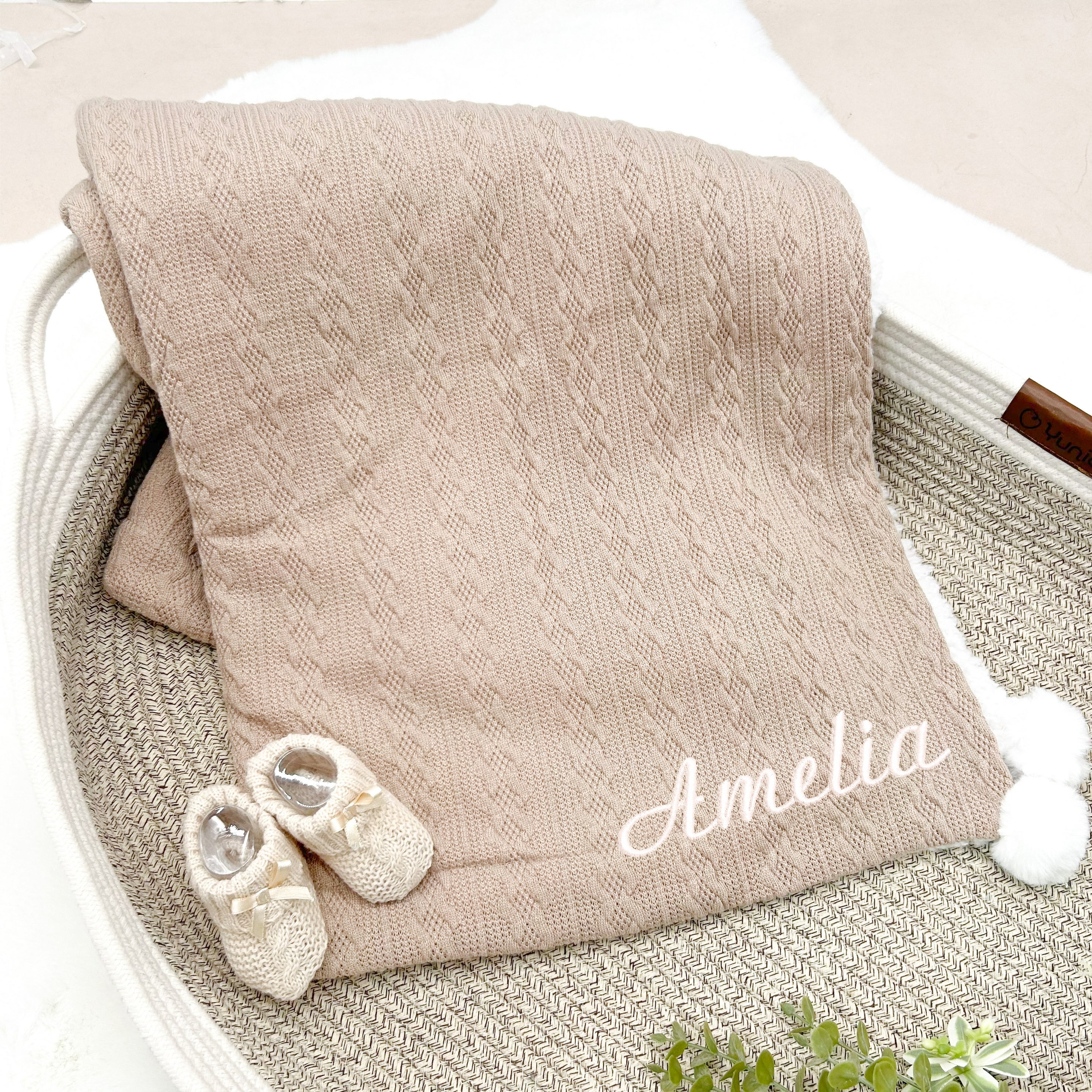 Personalised Embroidered Coffee Knitted Pompom Blanket