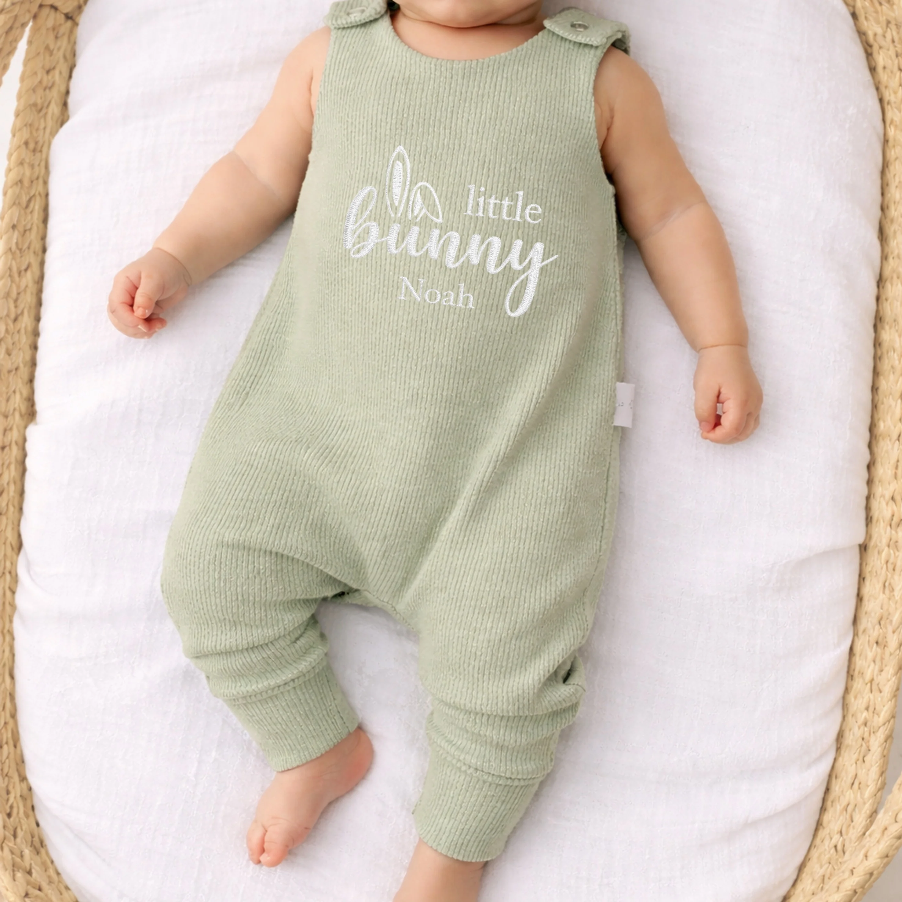 Personalised Embroidered Little Bunny Easter Ribbed Dungarees - Image 3