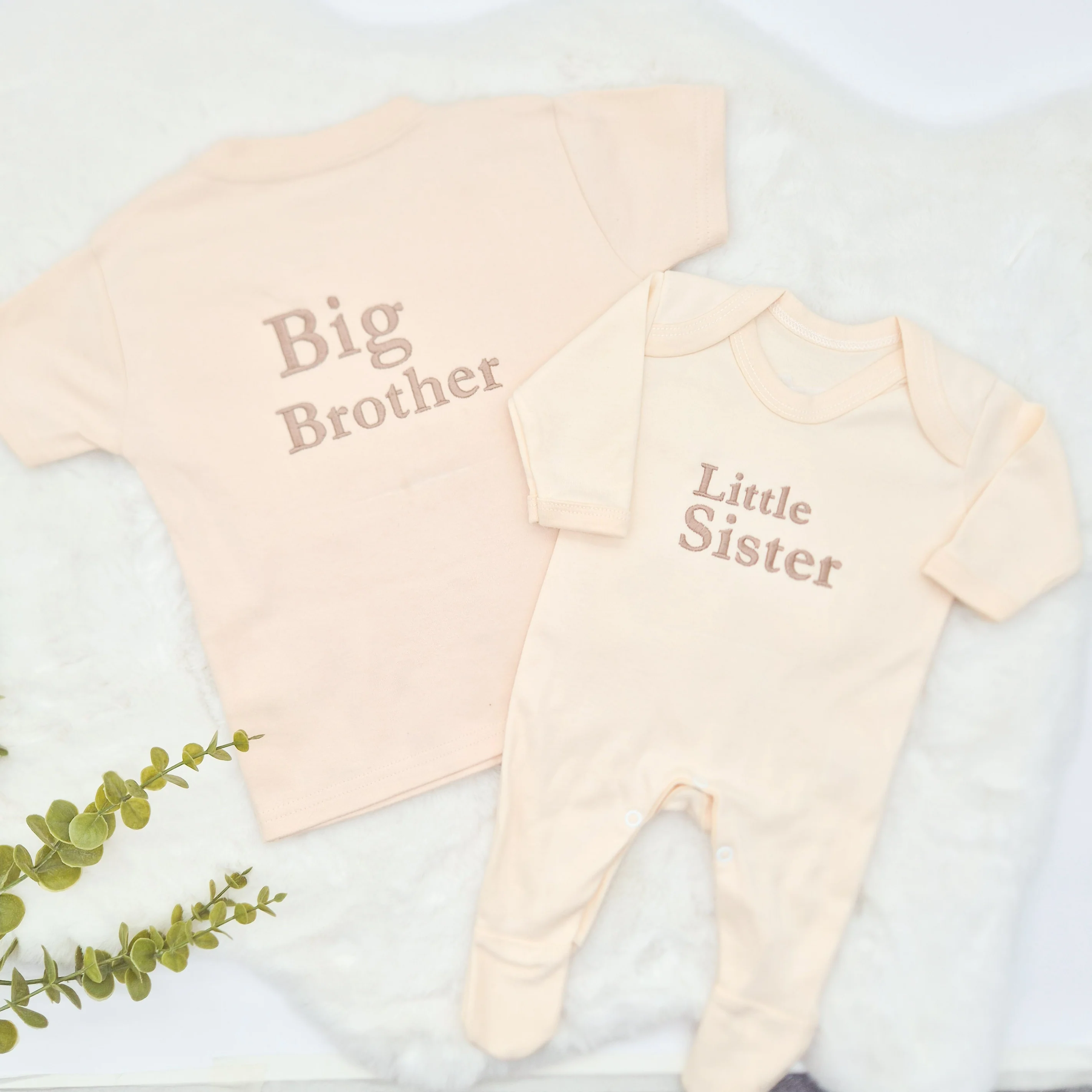 Personalised Embroidered Sibling Matching Beige Babygrow/T-shirt - Image 3