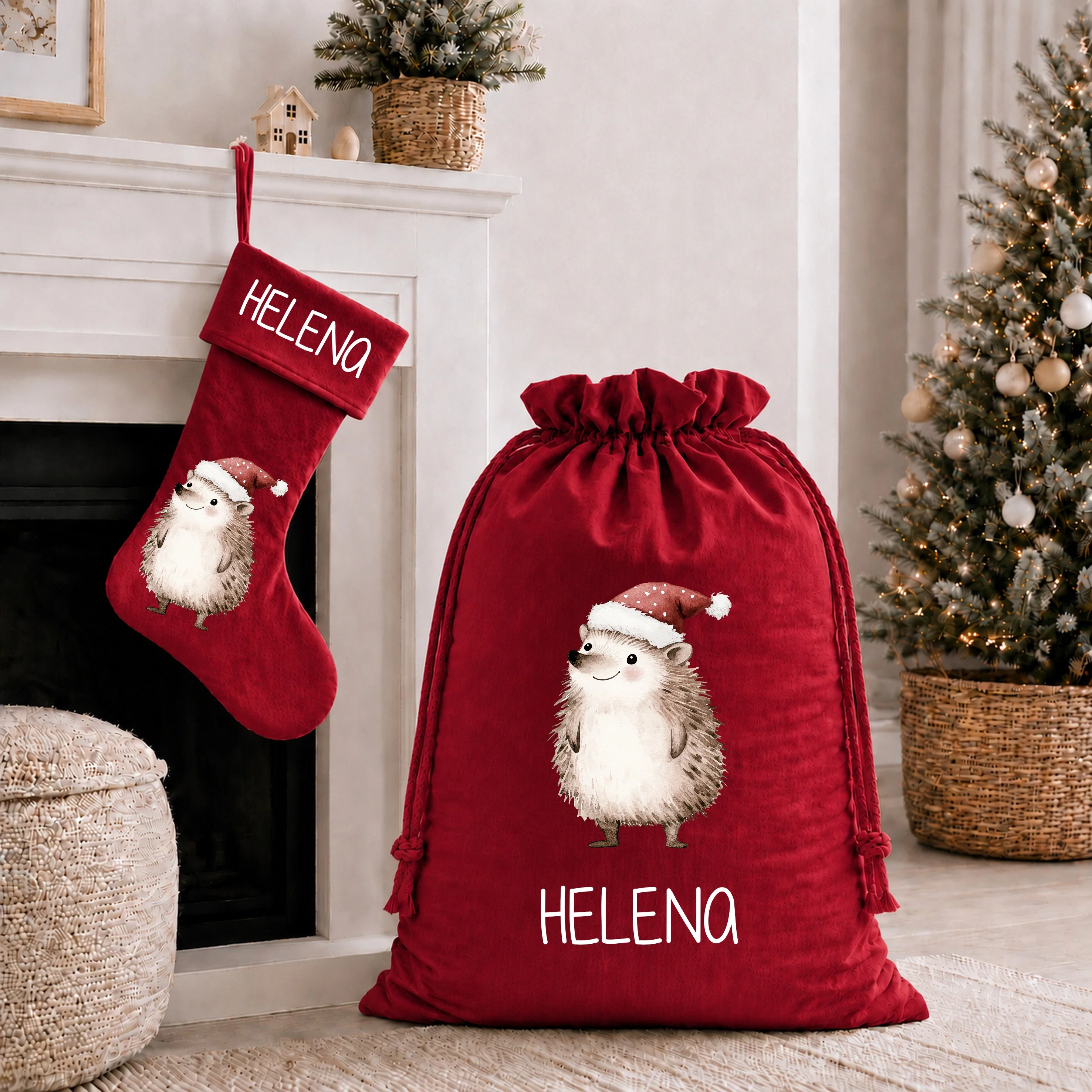 Personalised Festive Hedgehog Christmas Stocking or Santa Sack - Image 2