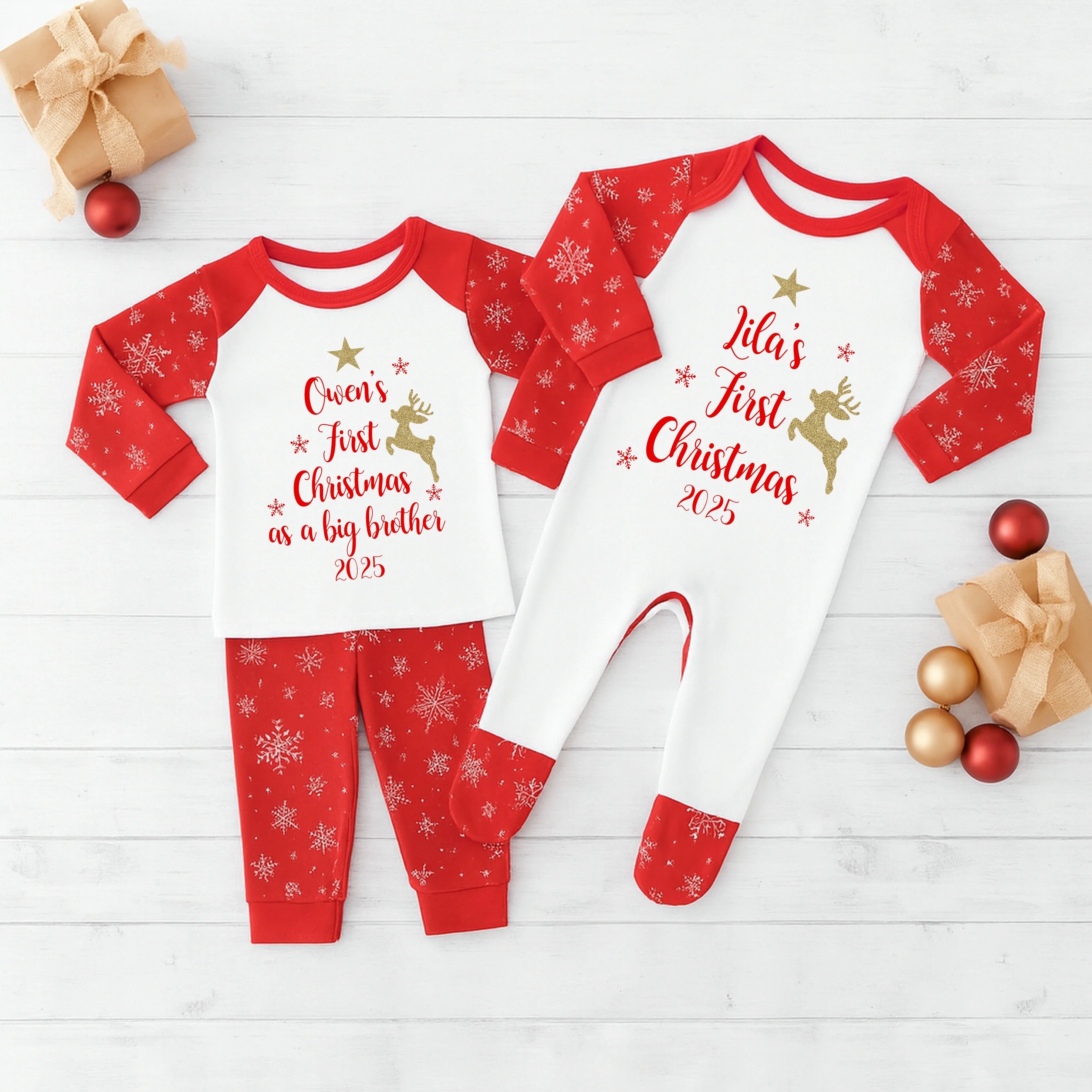 Personalised First Christmas Sibling Matching Snowflake Babygrow/Pyjamas