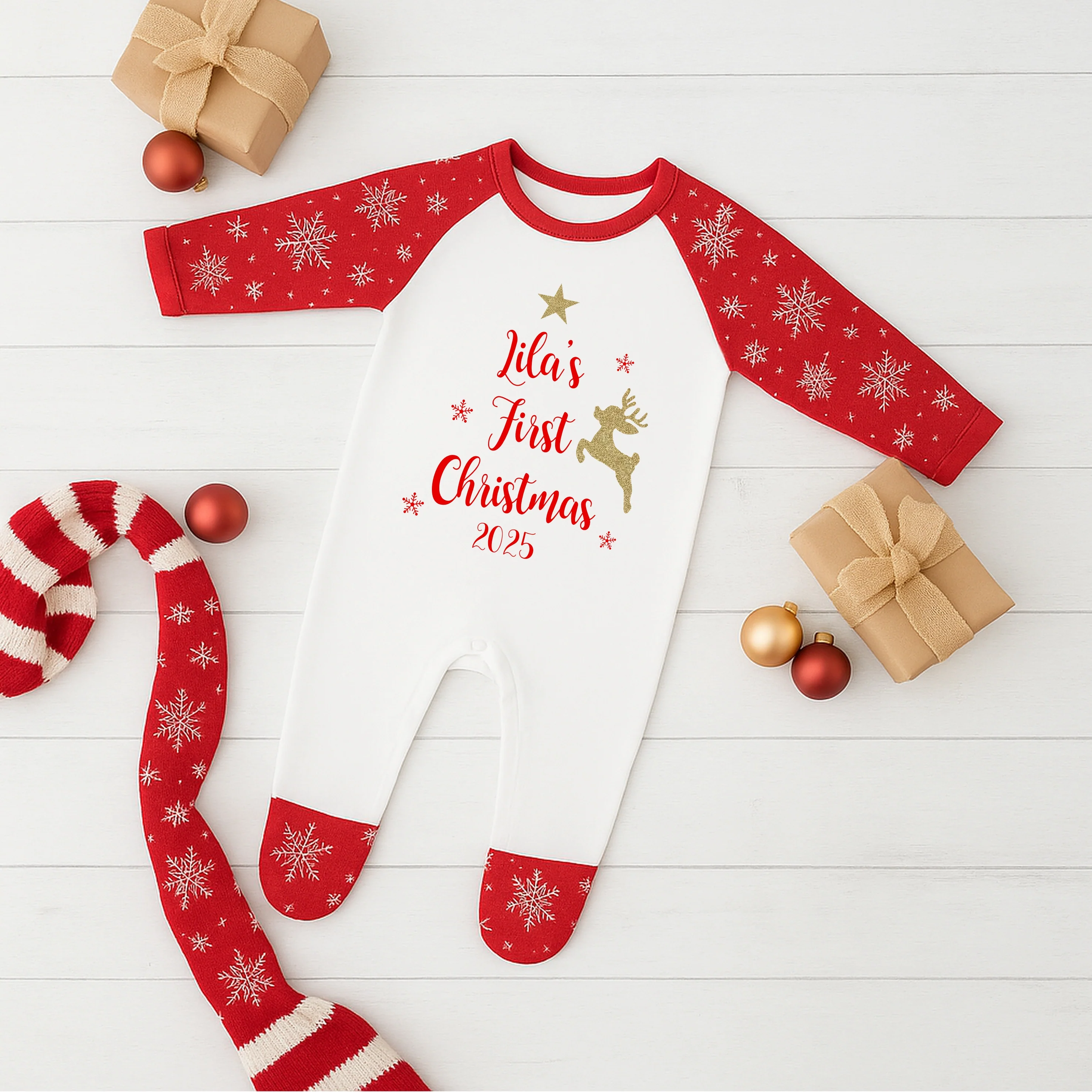 Personalised First Christmas Sibling Matching Snowflake Babygrow/Pyjamas - Image 2