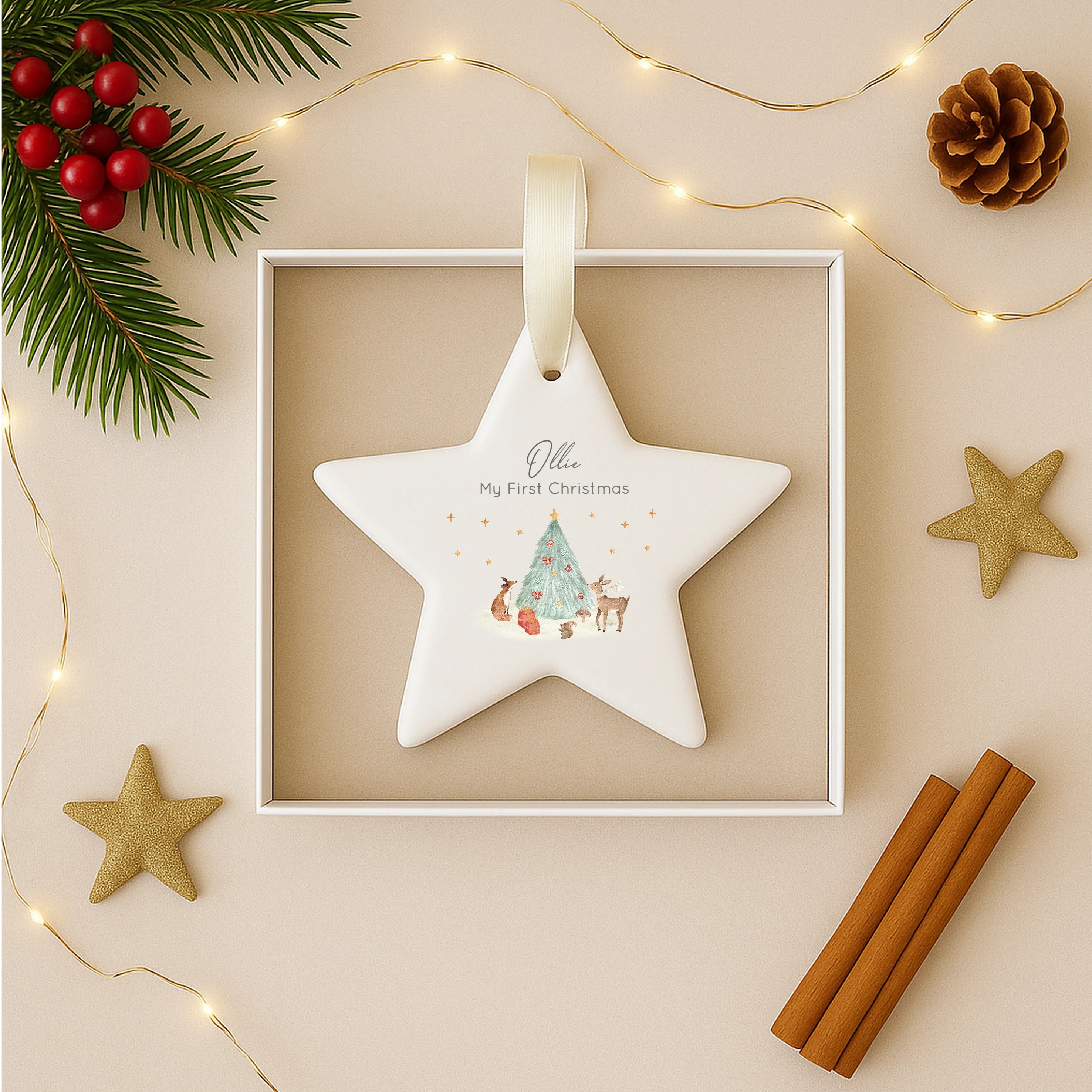 Personalised First Christmas Woodlands Scene Star Bauble - Image 3