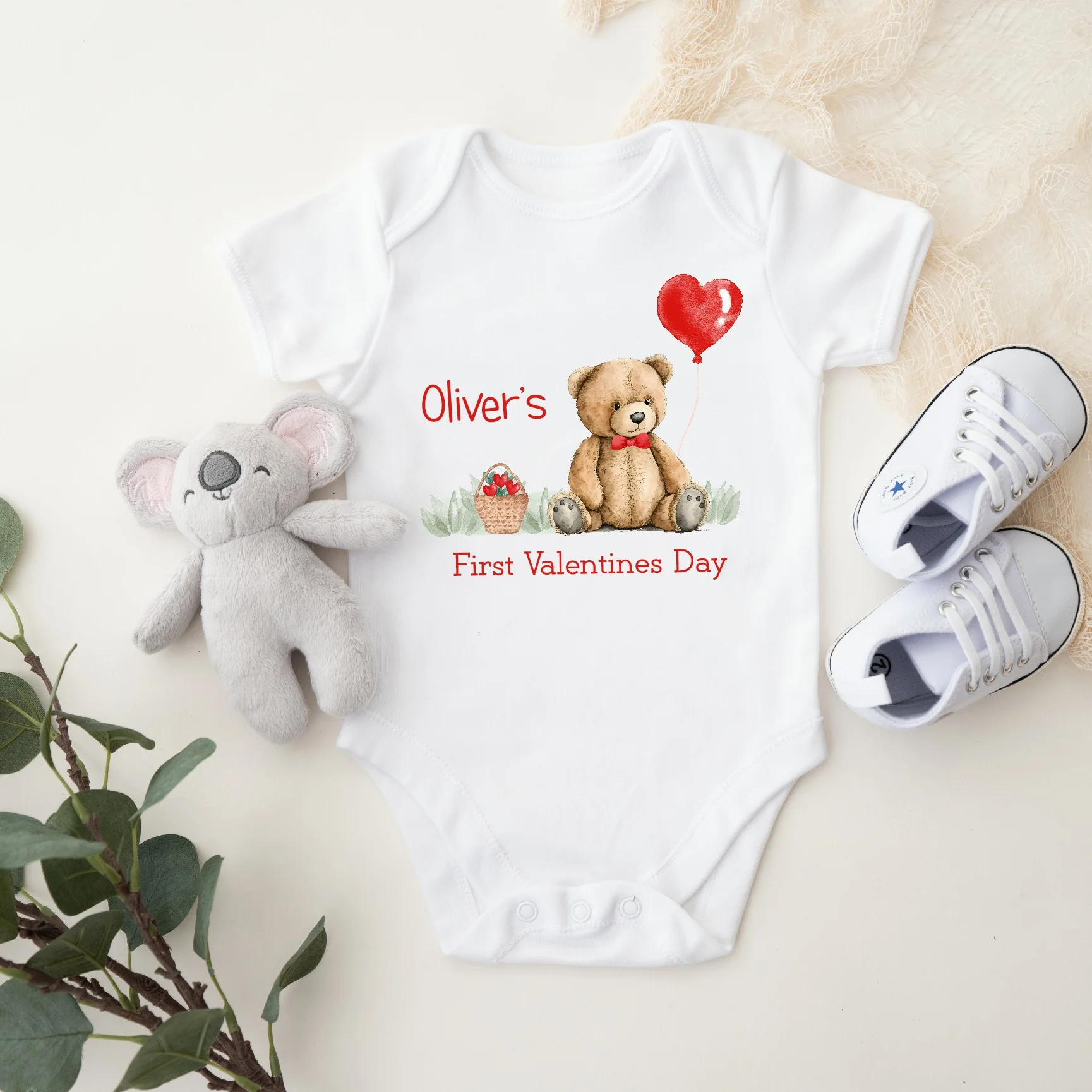 Personalised First Valentines Red Teddy Baby Grow or Vest - Image 3