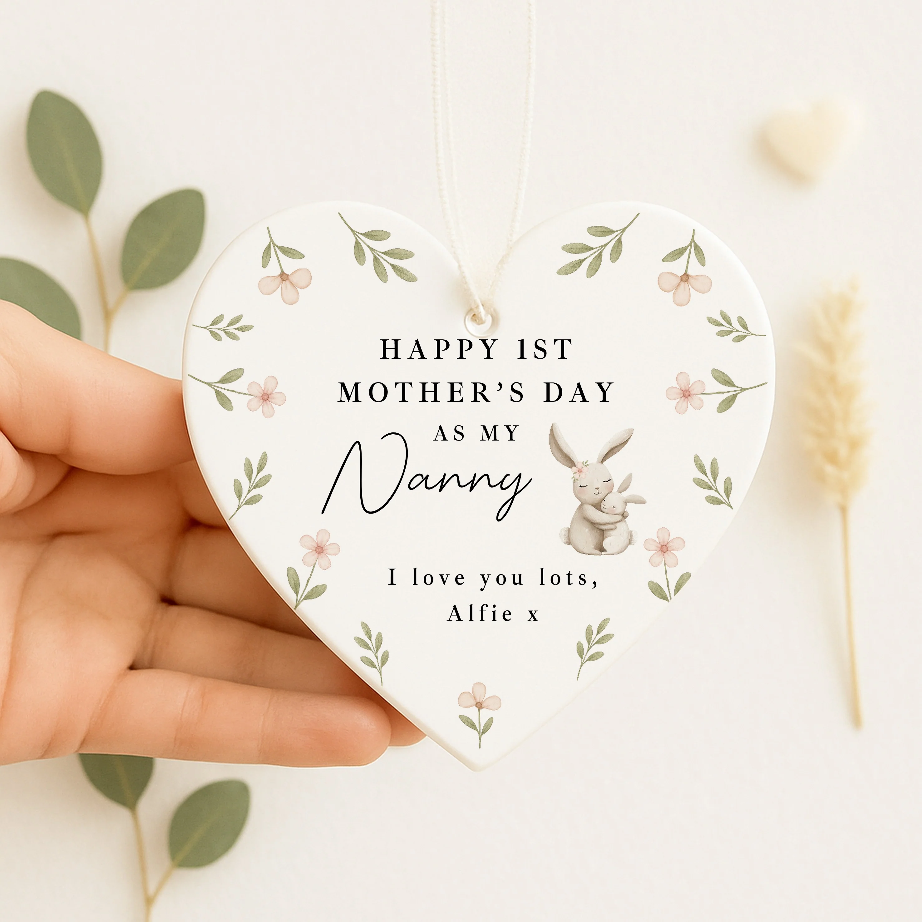 Personalised Floral Bunny Happy First Mother's Day Nanny Ceramic Ornament - Image 3