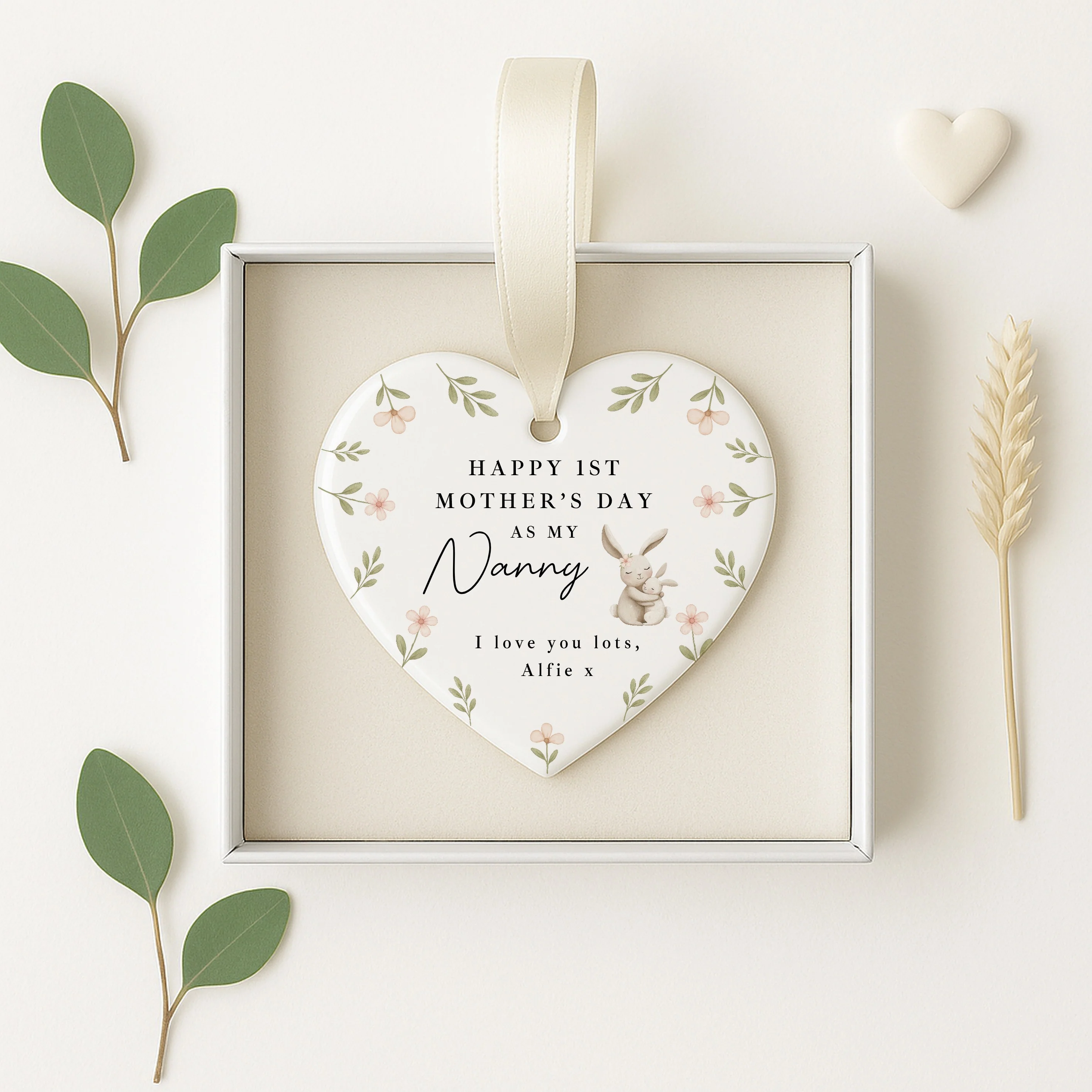 Personalised Floral Bunny Happy First Mother's Day Nanny Ceramic Ornament - Image 4