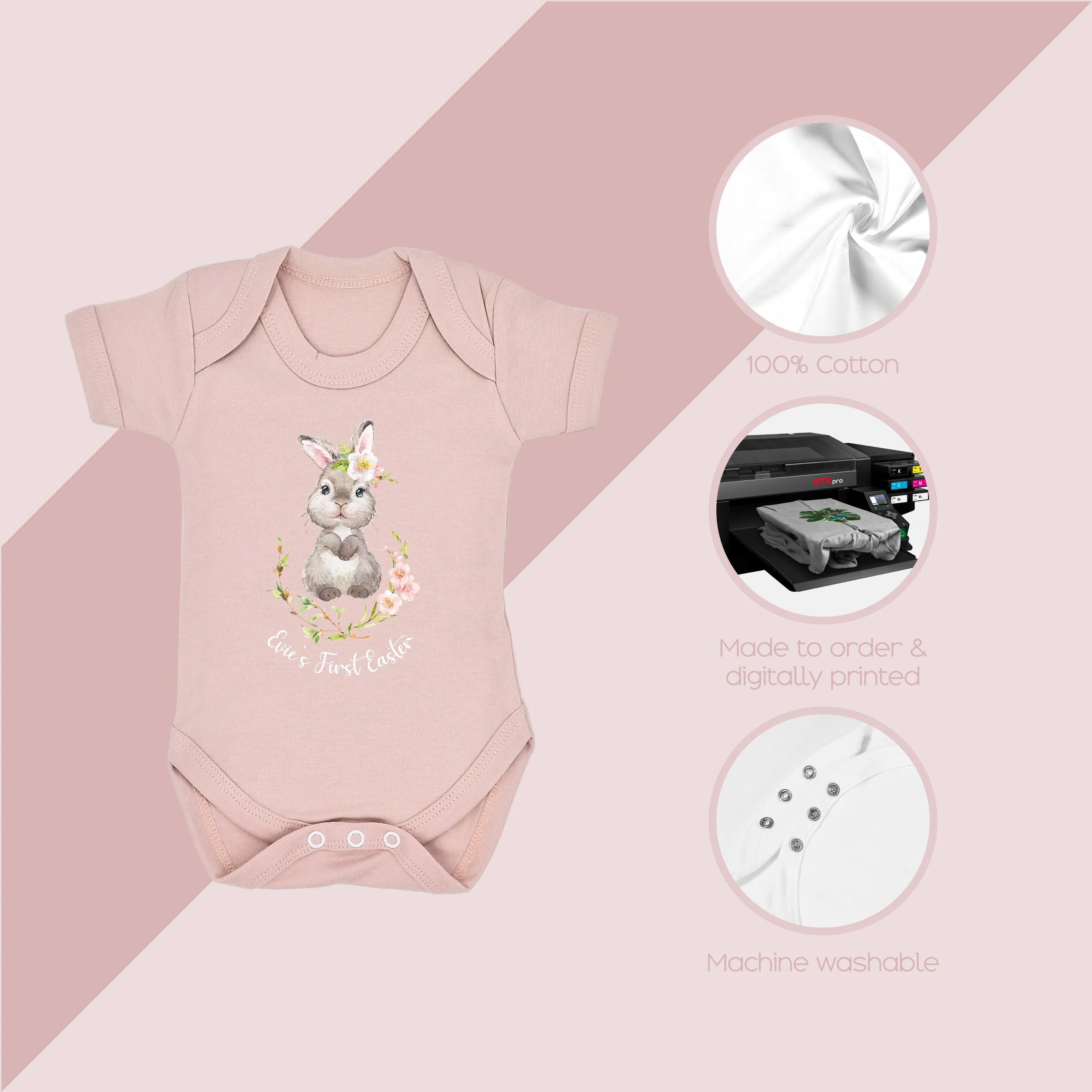 Personalised Floral Bunny Wreath My First Easter Pink Babygrow/Vest - Image 3