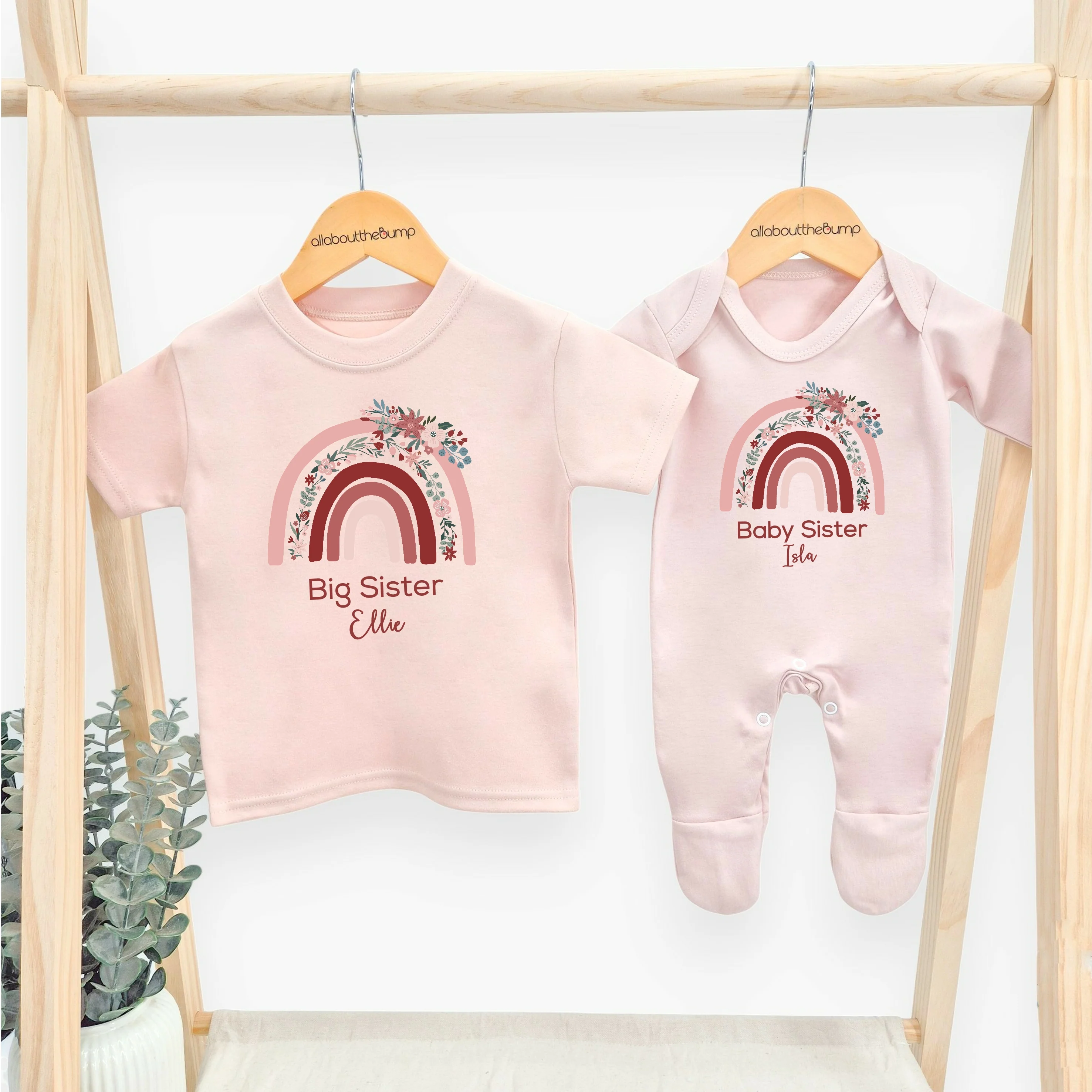 Personalised Floral Rainbow Sibling Matching Pink Babygrow/T-shirt - Image 2
