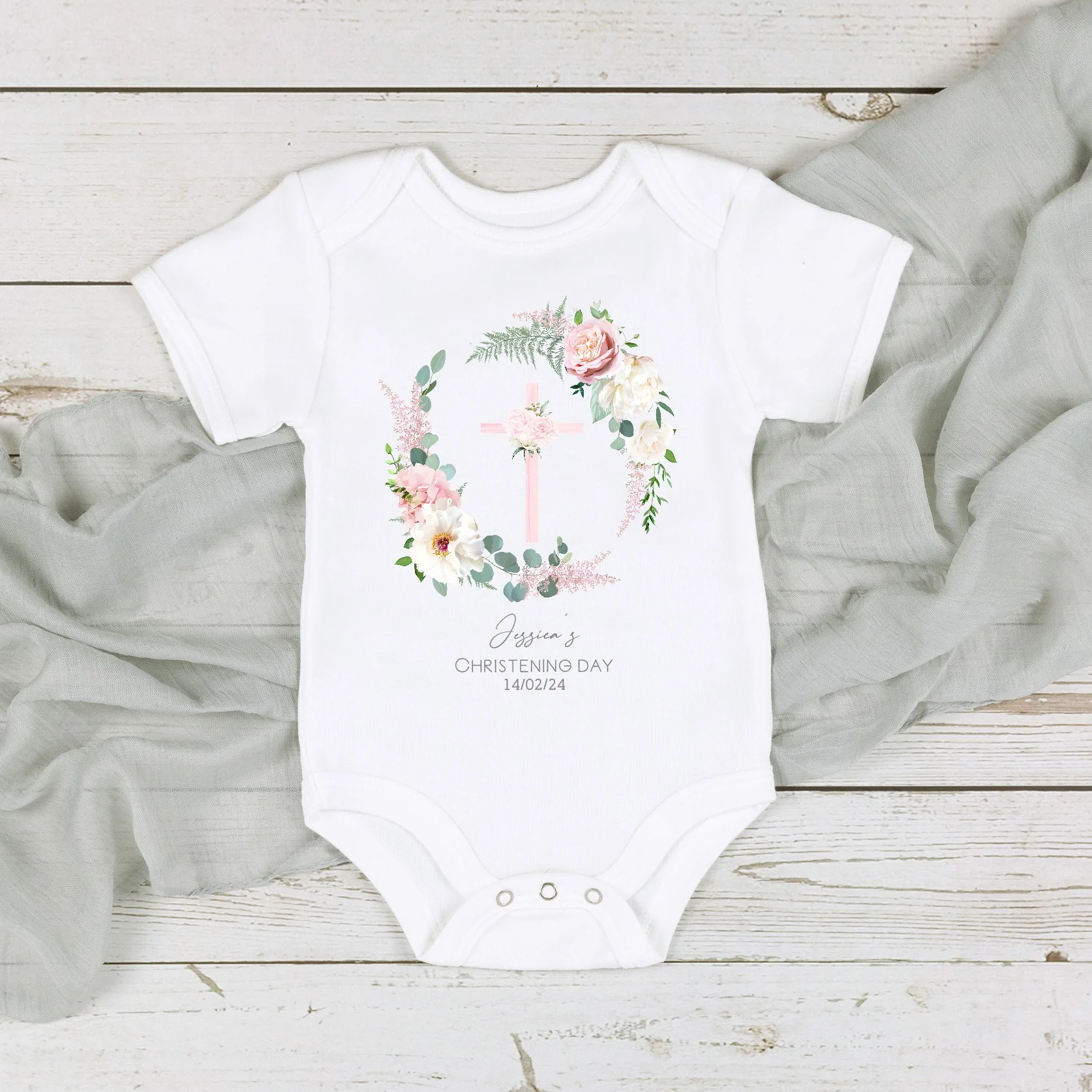 Personalised Floral Wreath Christening Babygrow/Vest - Image 2