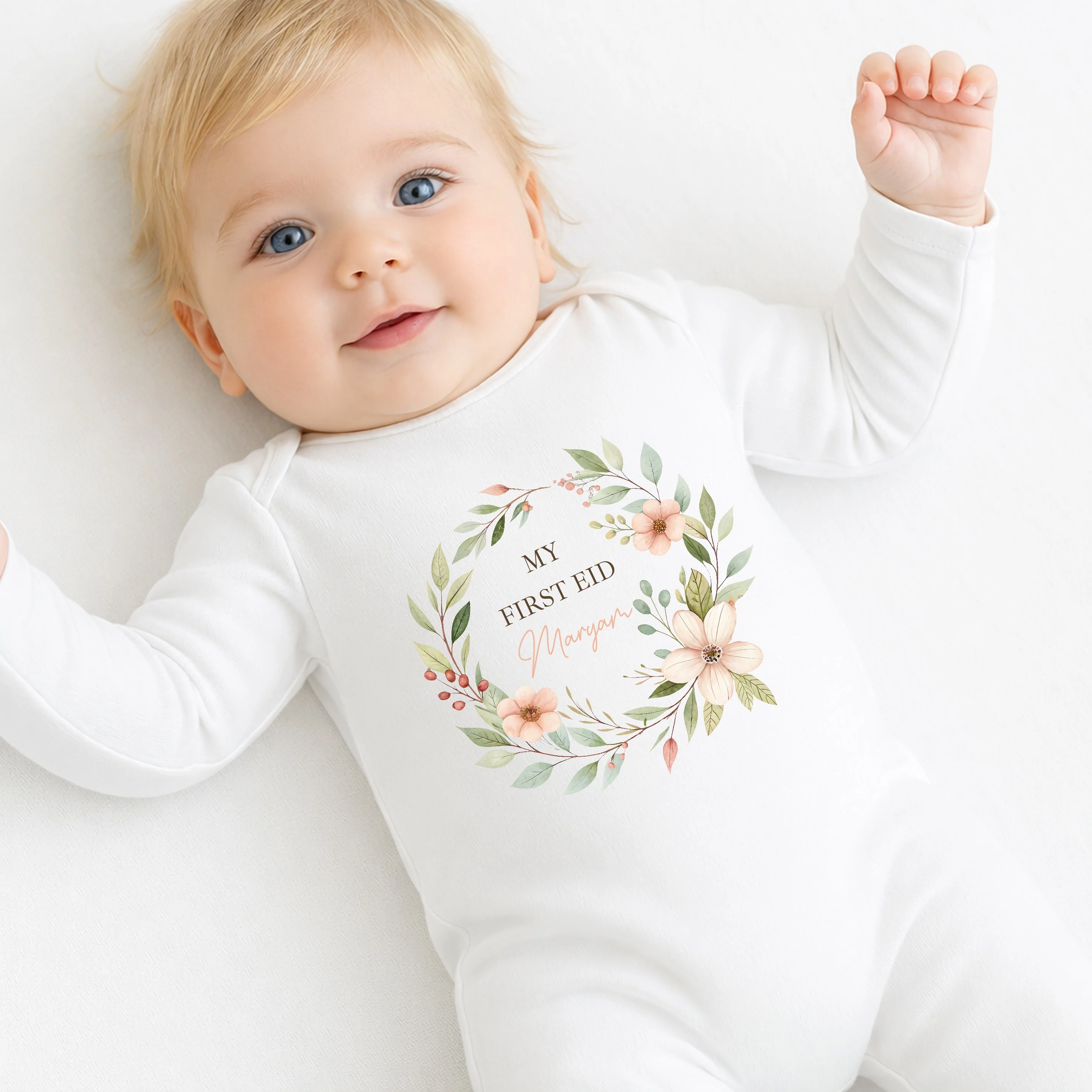 Personalised Floral Wreath My First Eid Baby Grow, Vest or Bib - Image 6