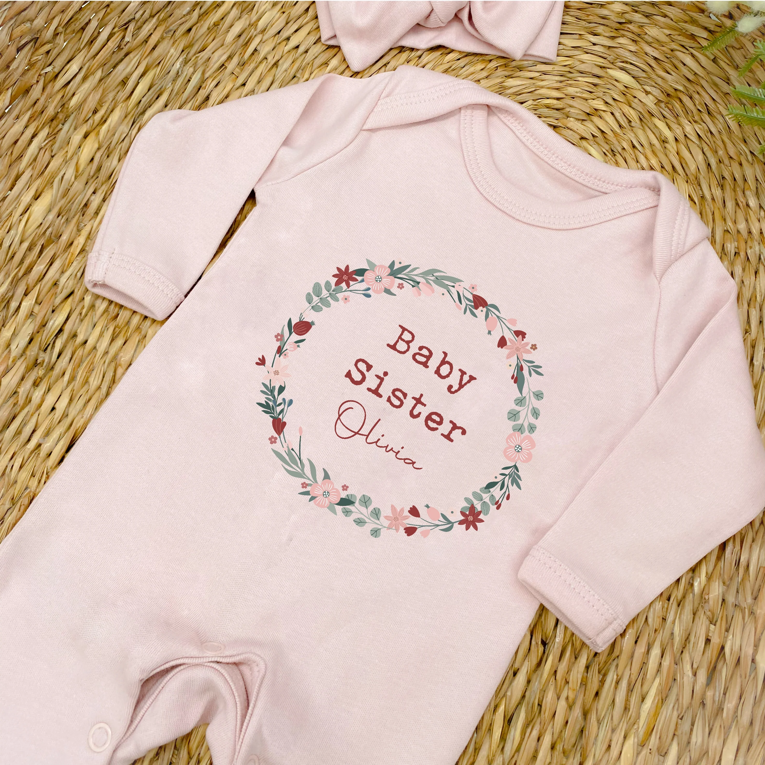 Personalised Floral Wreath Sibling Matching Pink Babygrow/T-shirt - Image 4