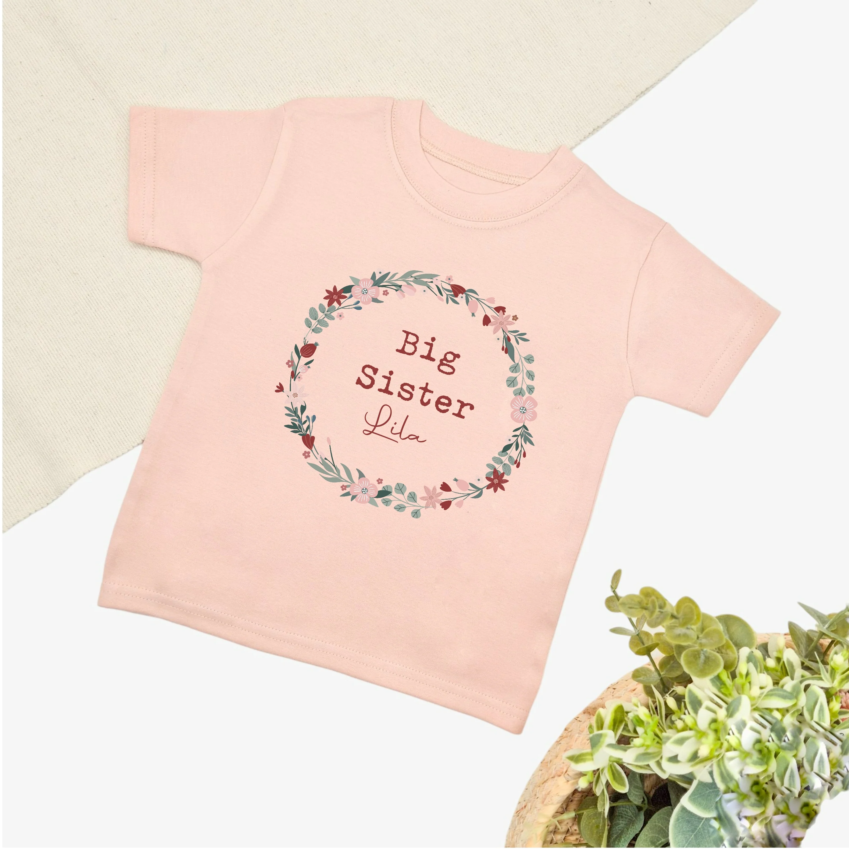 Personalised Floral Wreath Sibling Matching Pink Babygrow/T-shirt - Image 5