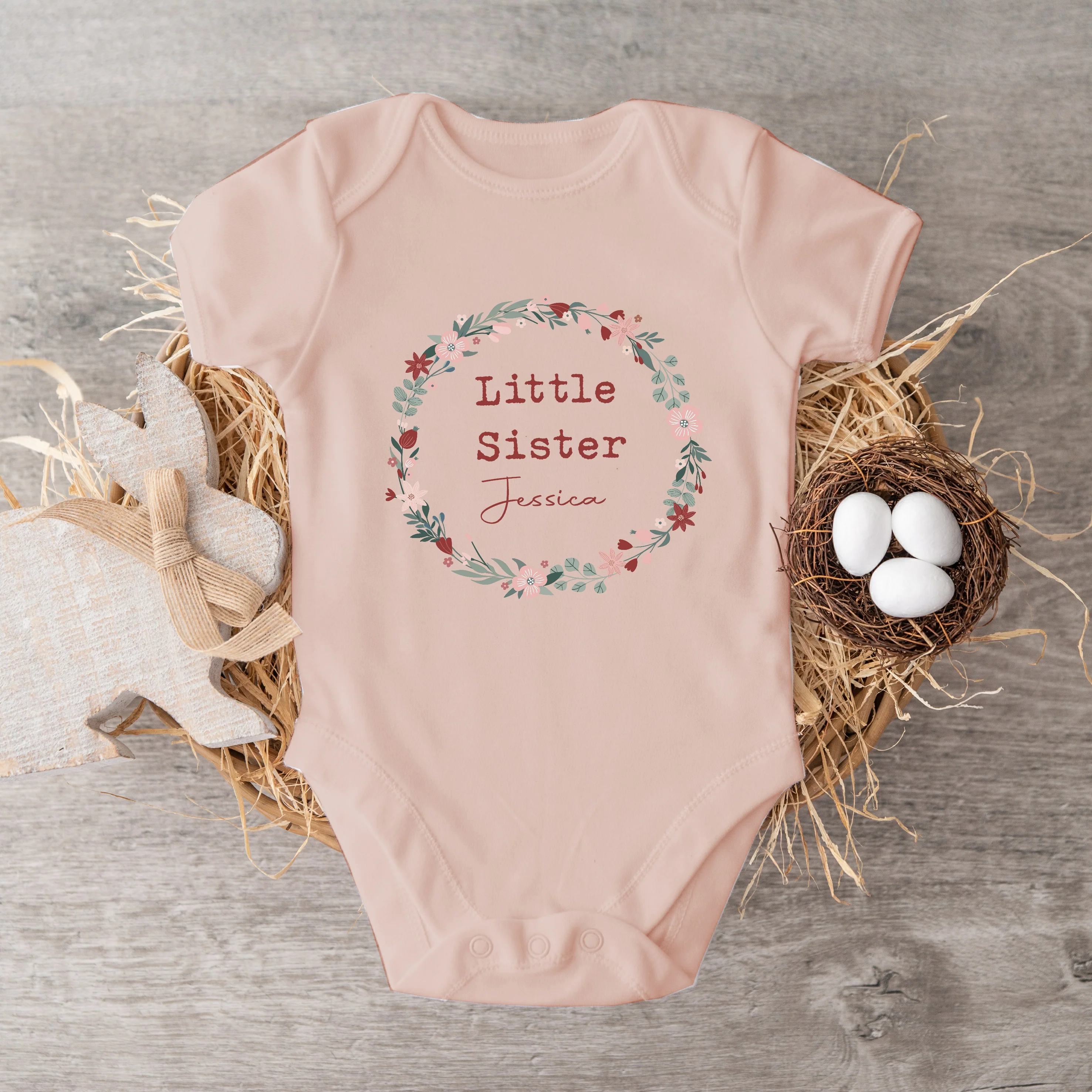 Personalised Floral Wreath Sibling Matching Pink Babygrow/T-shirt - Image 6