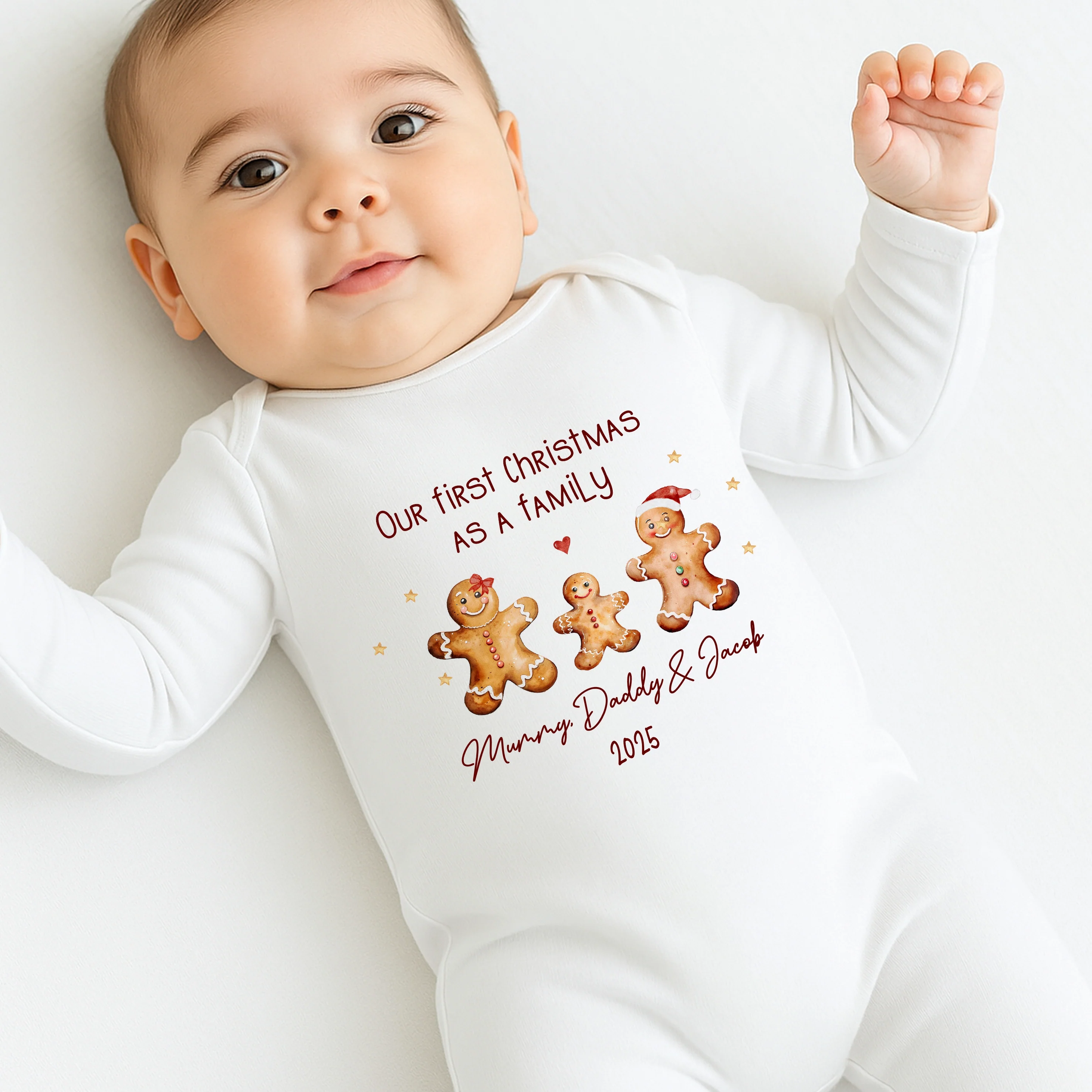 Personalised Gingerbread First Christmas As A Family Baby Grow/Vest/Bib