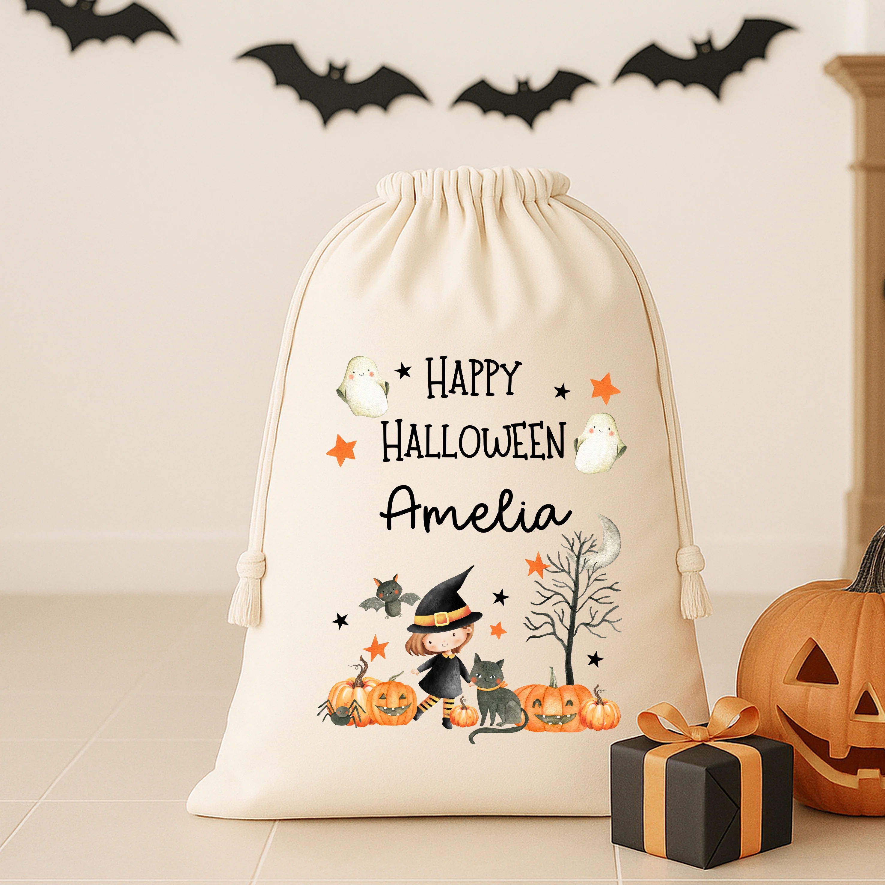 Personalised Girl Happy Halloween Treat Sack - Image 2