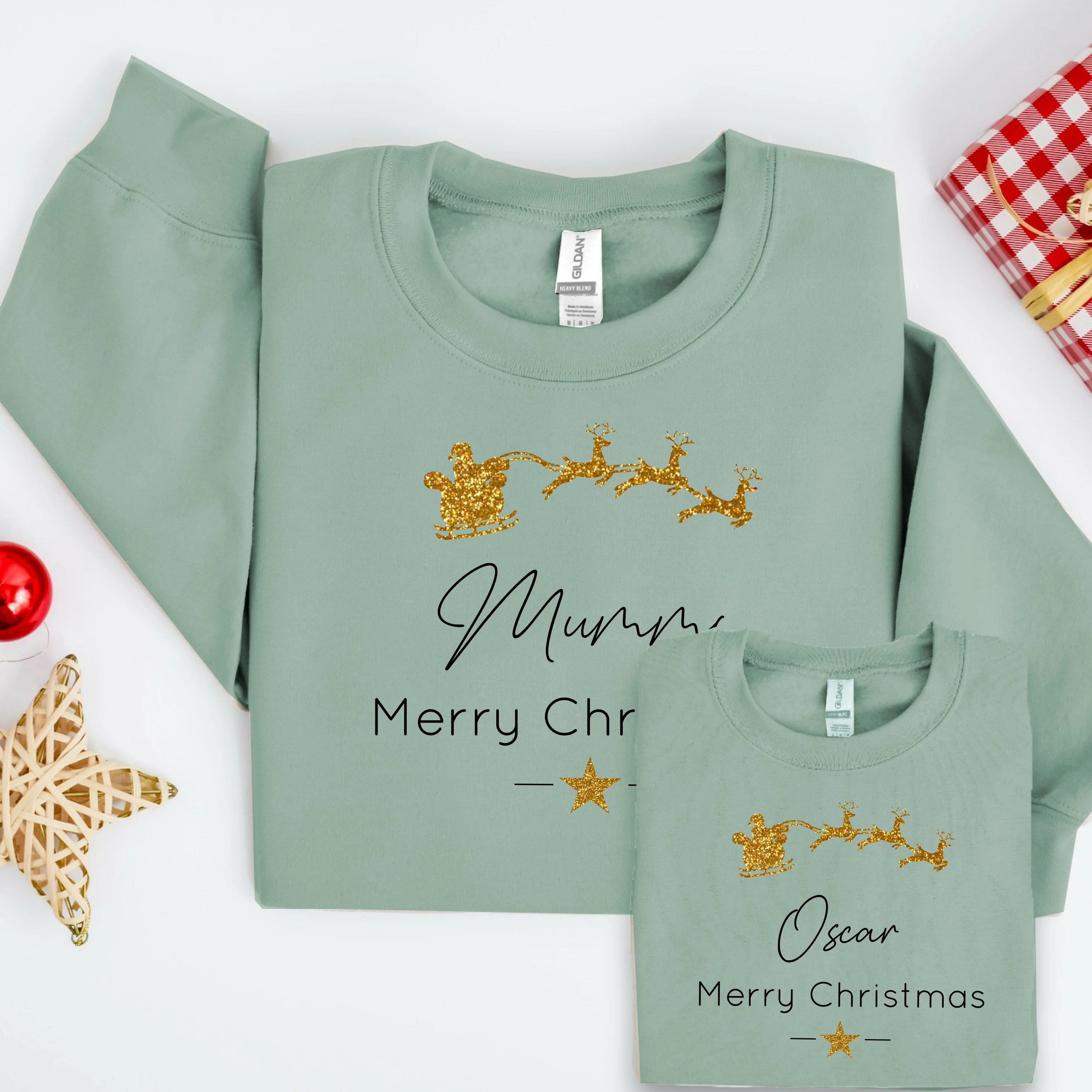 Personalised Gold Glitter Santa Sleigh Matching Sweatshirts - Image 5