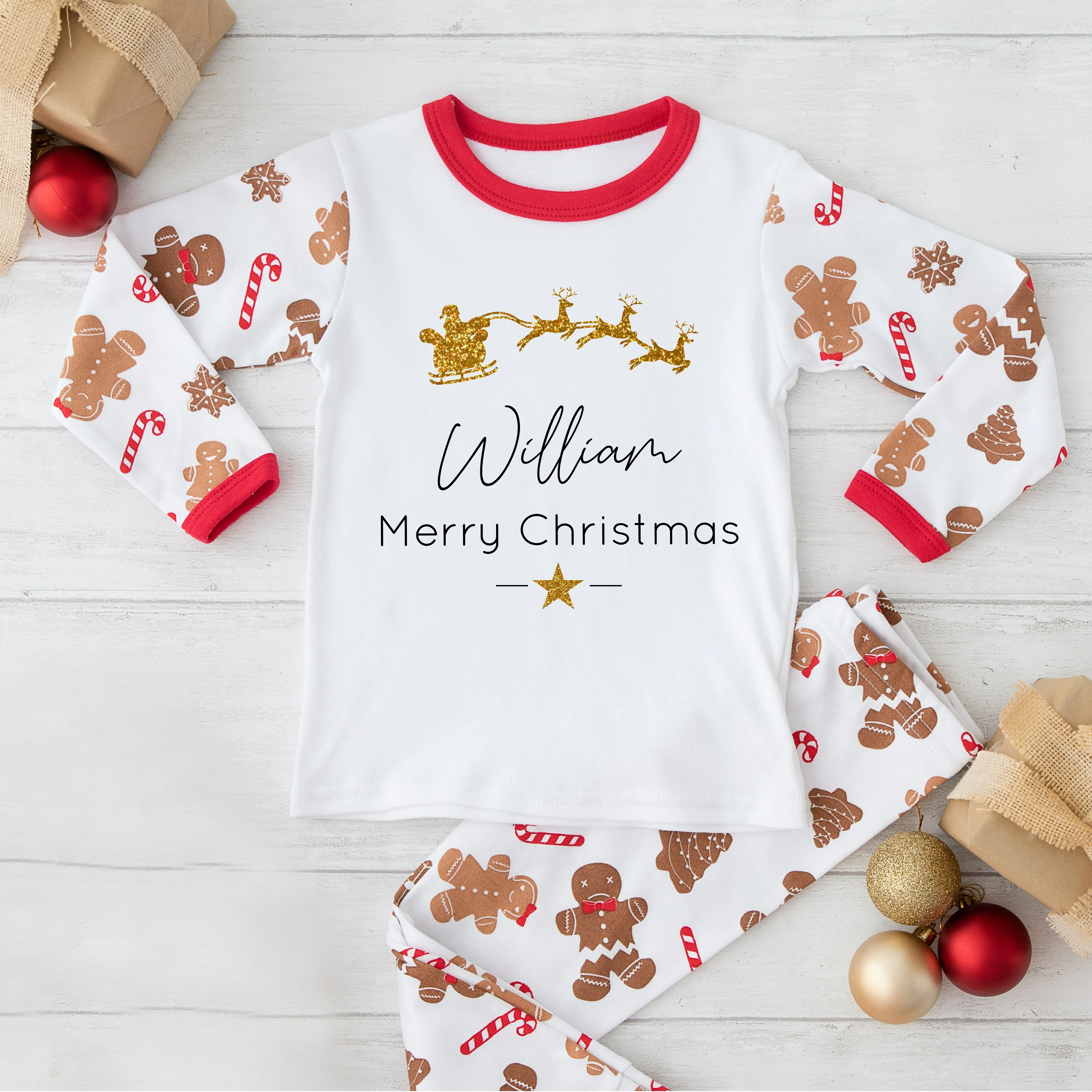 Personalised Gold Glitter Sleigh Christmas Pyjamas - Image 2