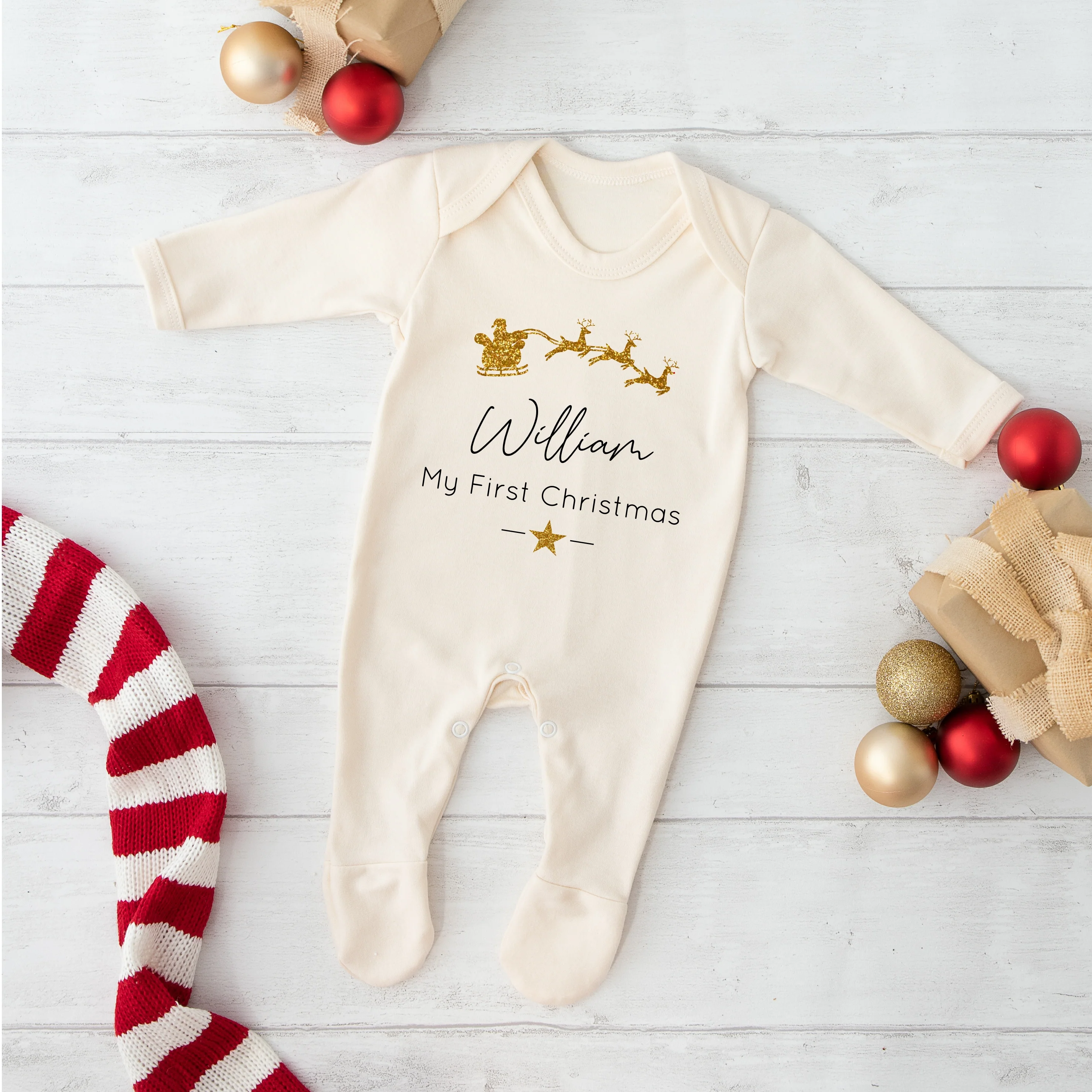 Personalised Gold Glitter Sleigh My First Christmas Baby Grow or Bib - Image 3