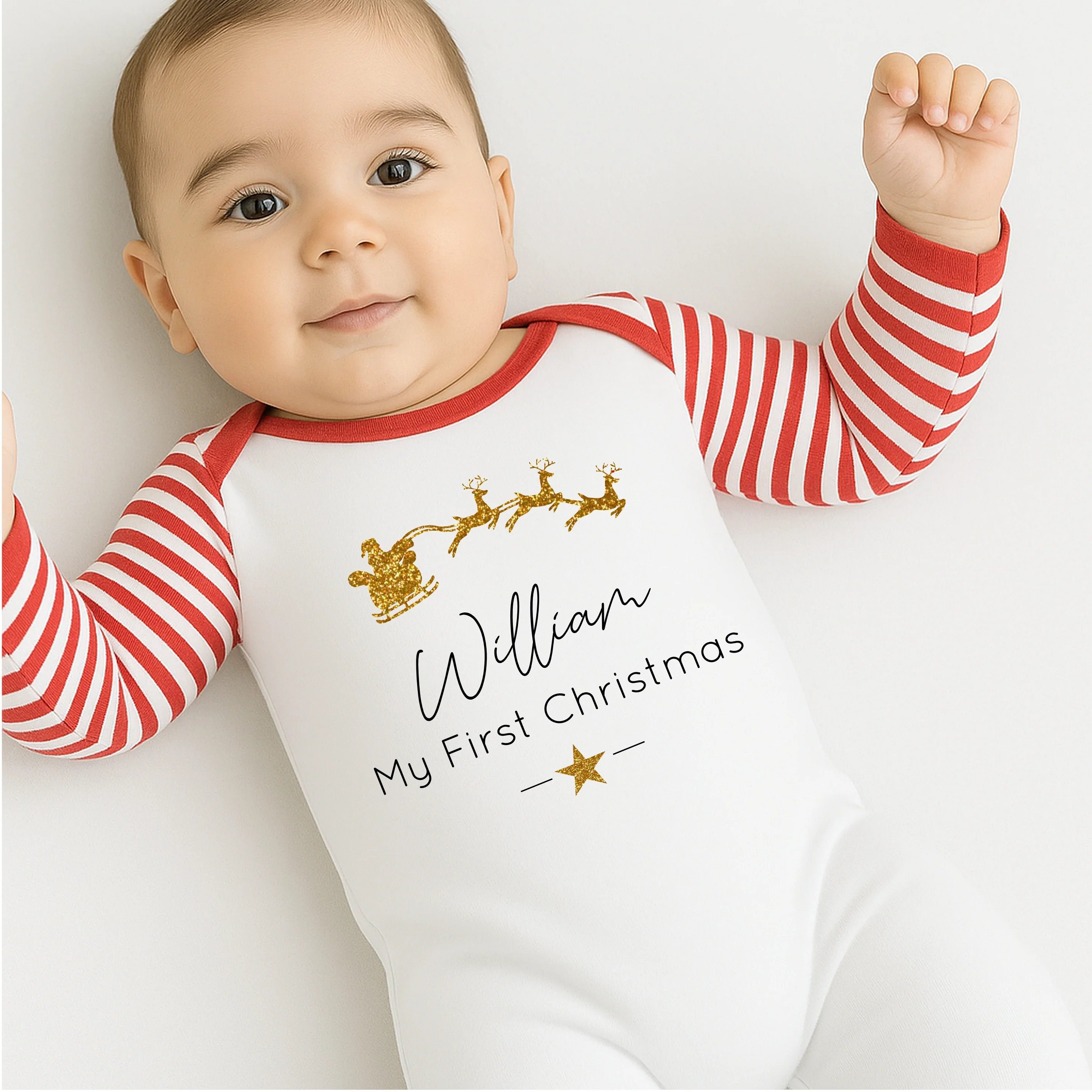 Personalised Gold Glitter Sleigh My First Christmas Baby Grow or Bib - Image 4