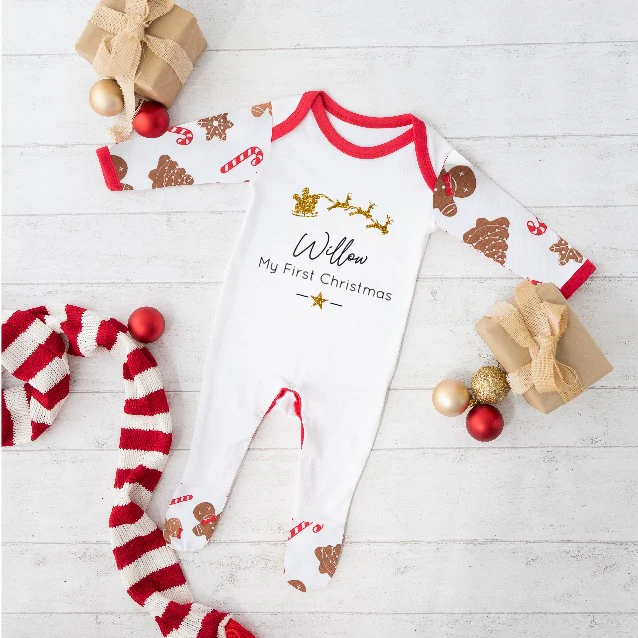 Personalised Gold Glitter Sleigh Sibling Matching Gingerbread Pyjamas/Babygrow - Image 3
