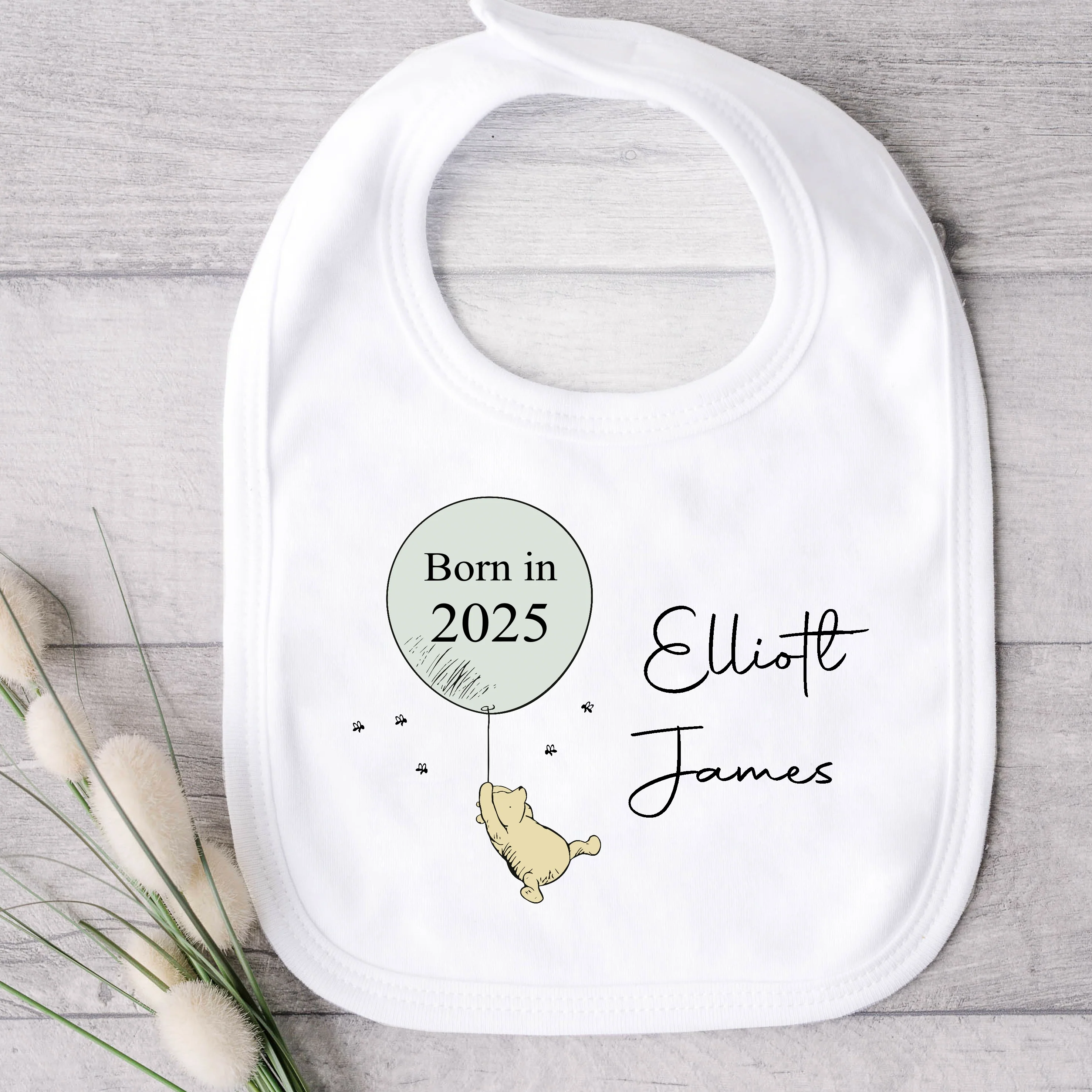 Personalised Green Balloon Pooh Bear Born in 2025 Babygrow/Vest - Image 2