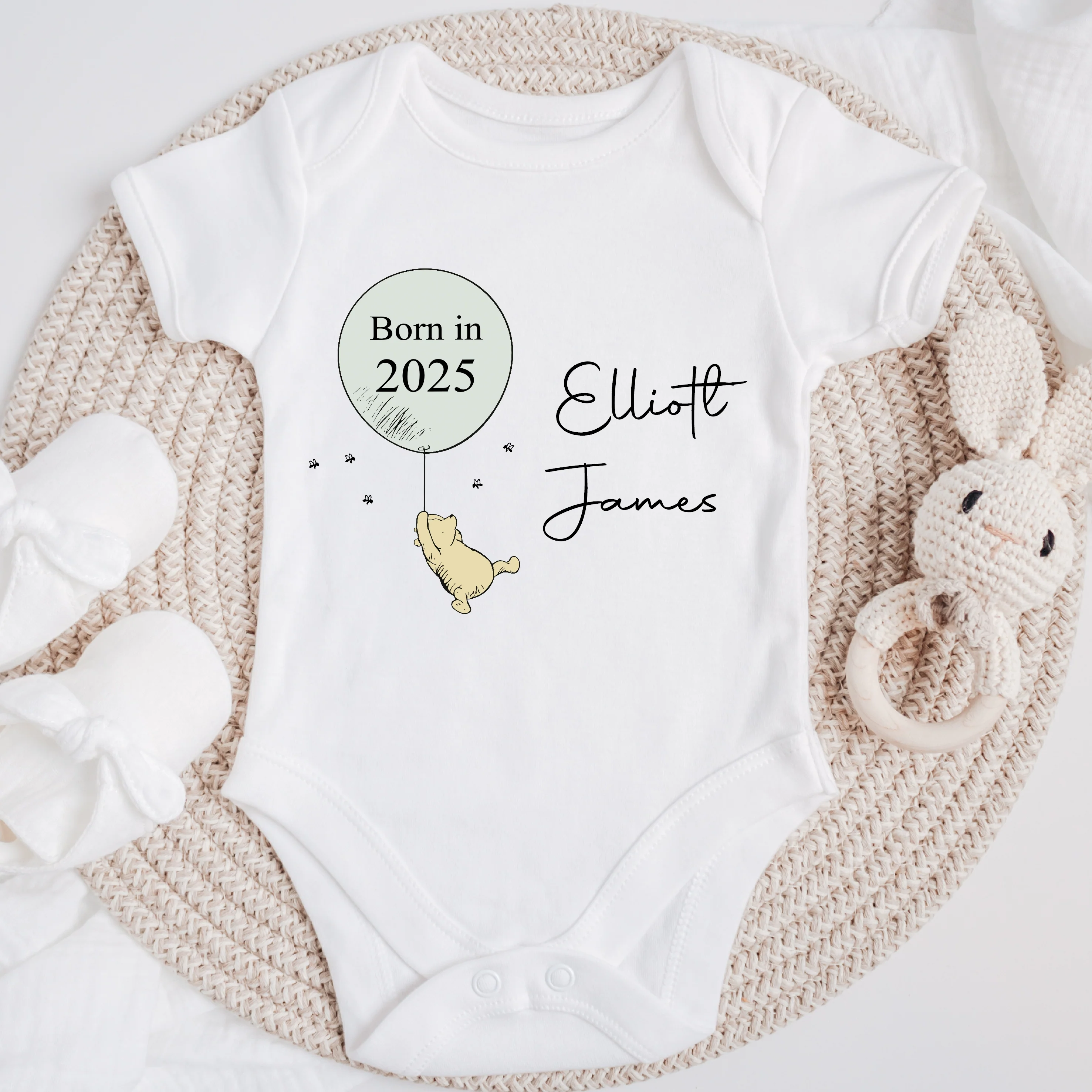 Personalised Green Balloon Pooh Bear Born in 2025 Babygrow/Vest - Image 3