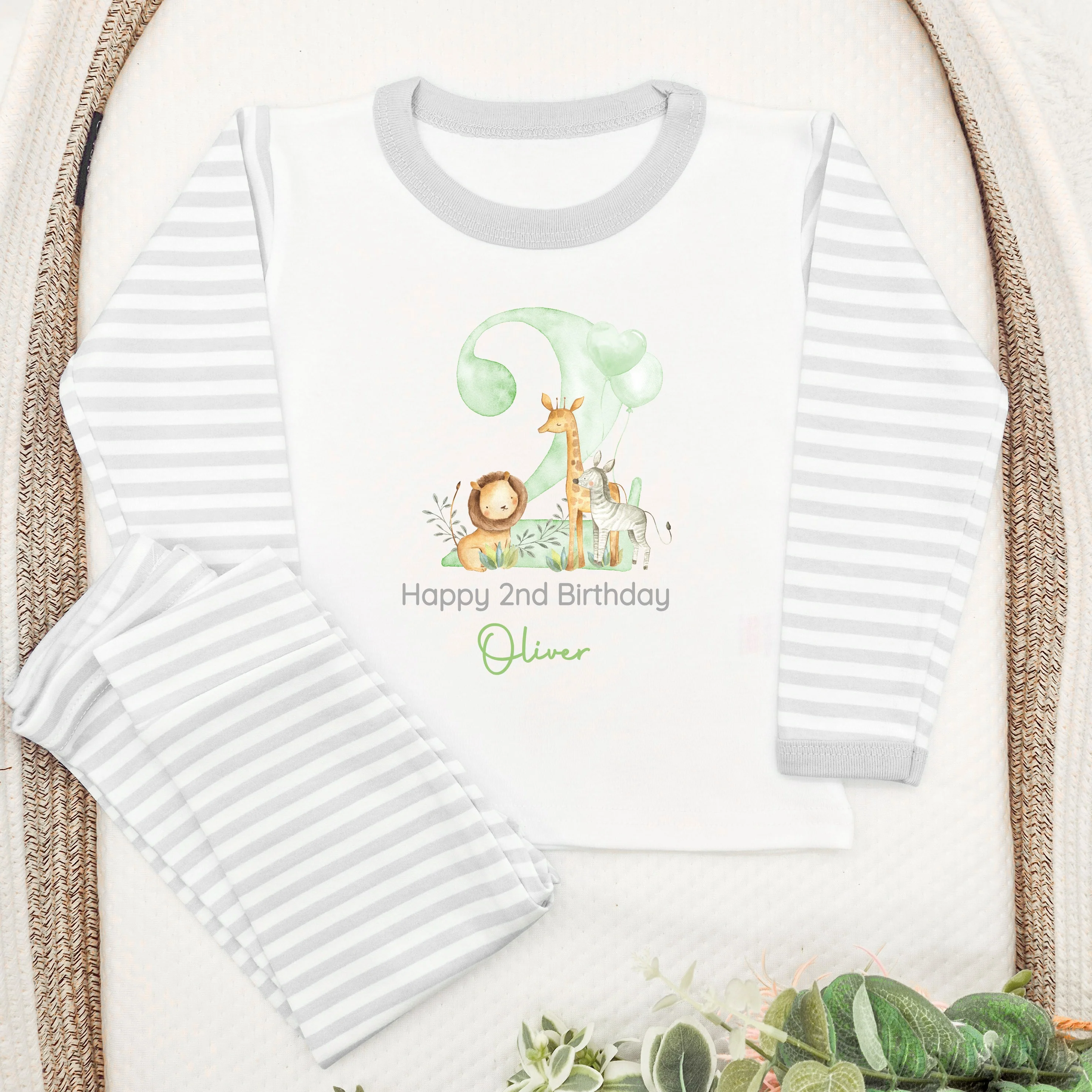 Personalised Green Jungle Safari Second Birthday Pyjamas