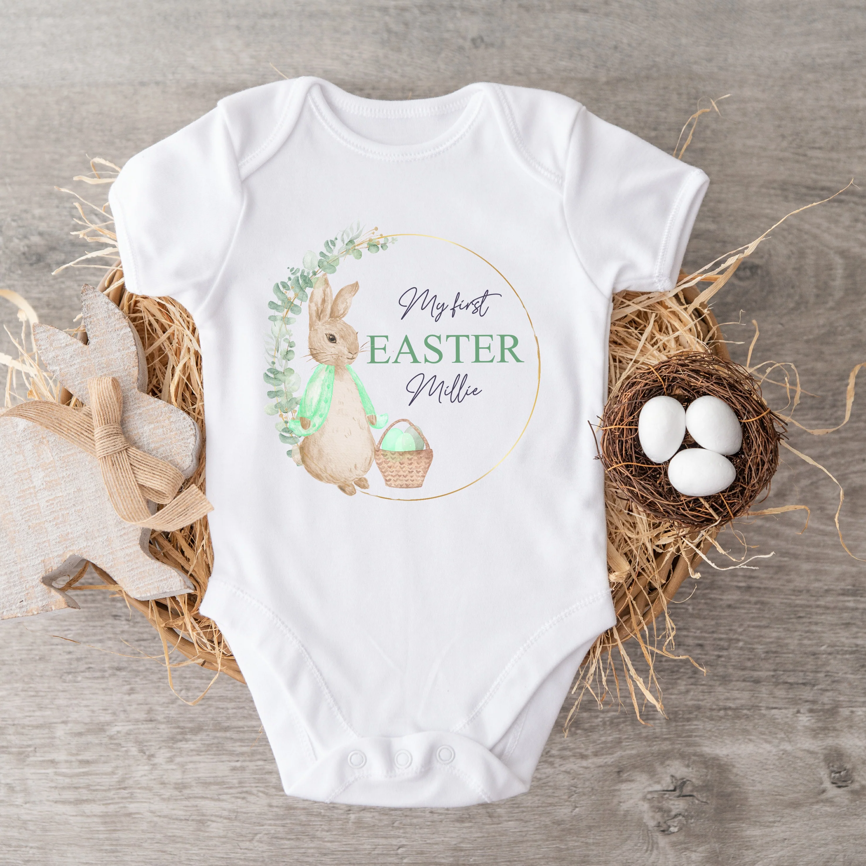 Personalised Green Rabbit Wreath My First Easter White Babygrow