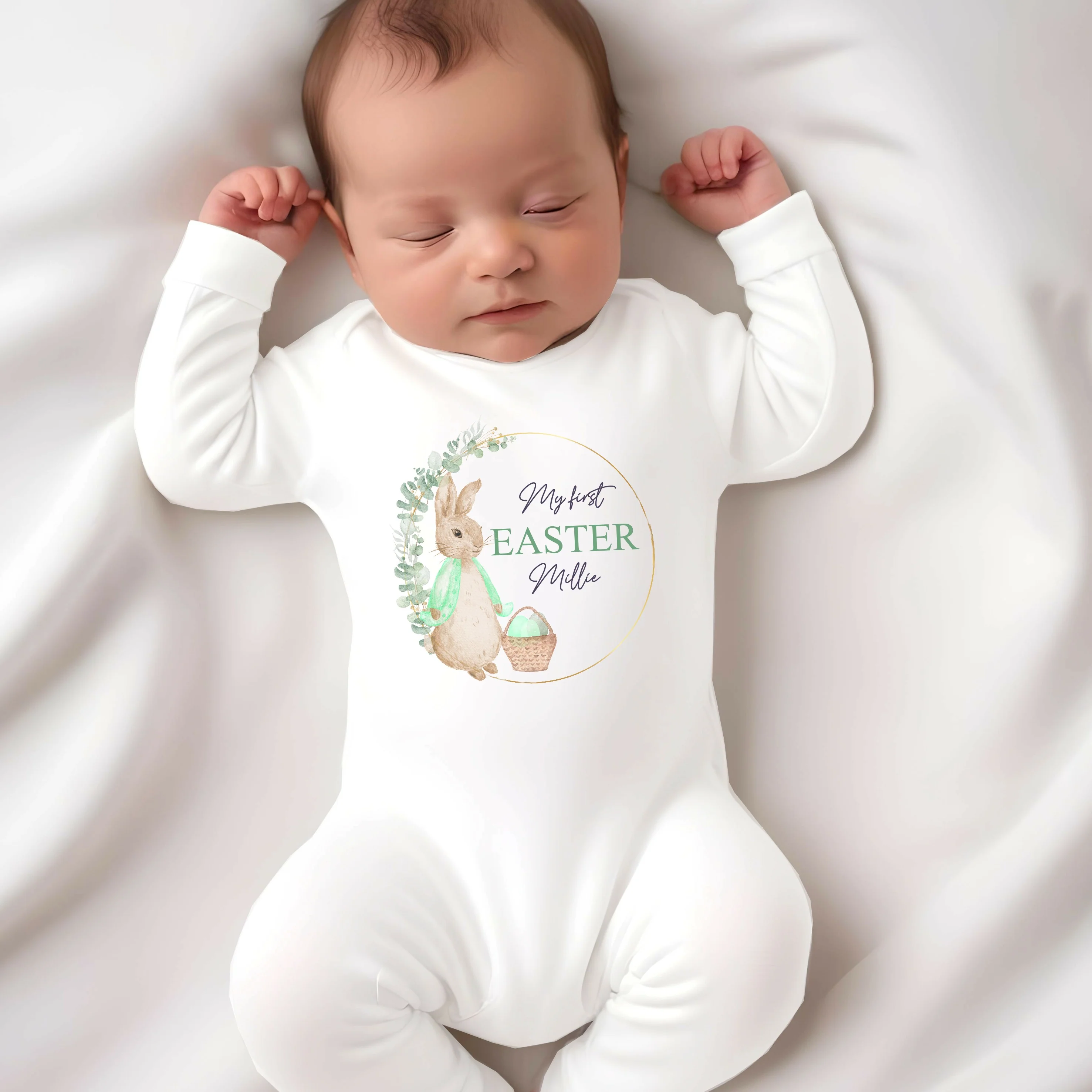 Personalised Green Rabbit Wreath My First Easter White Babygrow - Image 2