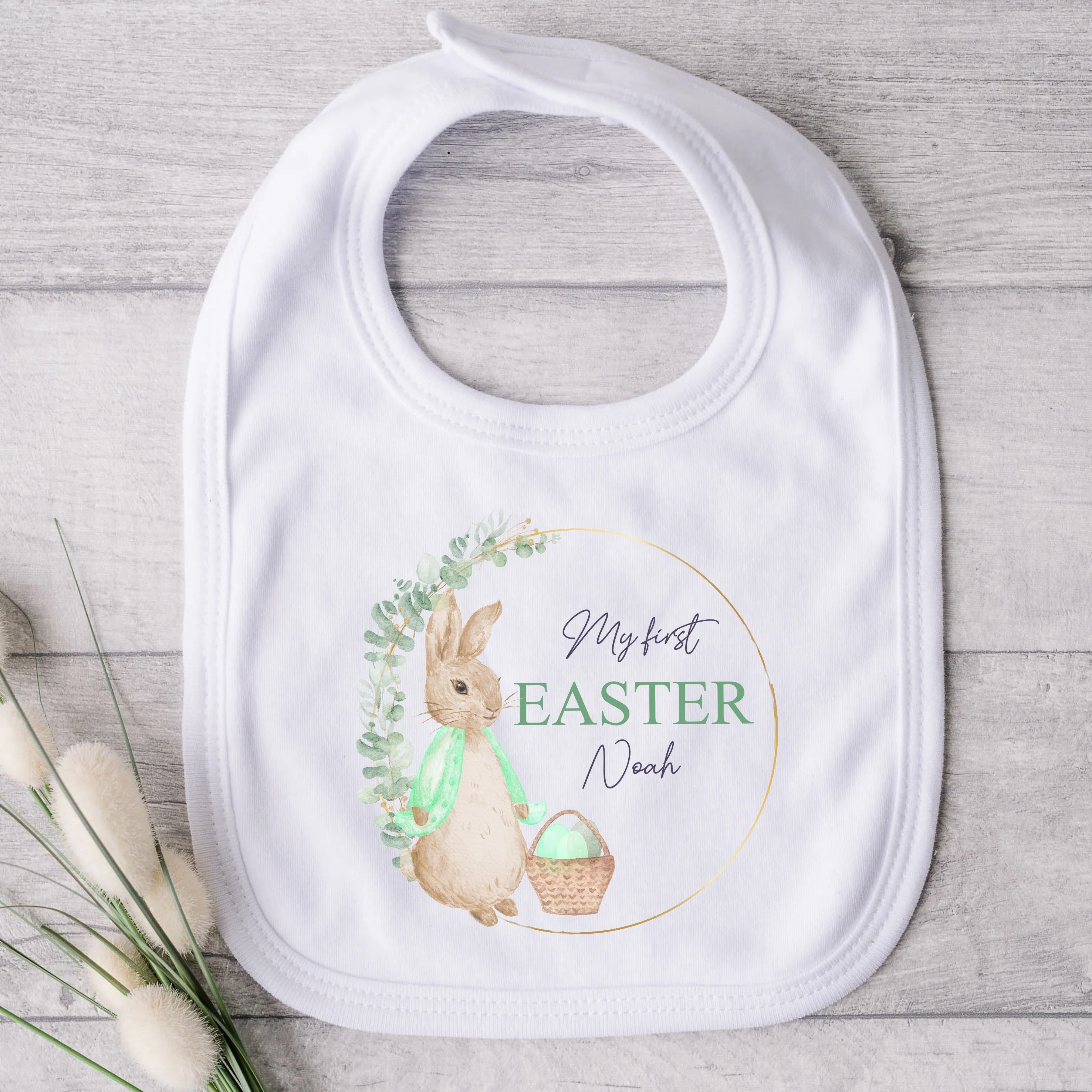 Personalised Green Rabbit Wreath My First Easter White Babygrow - Image 3