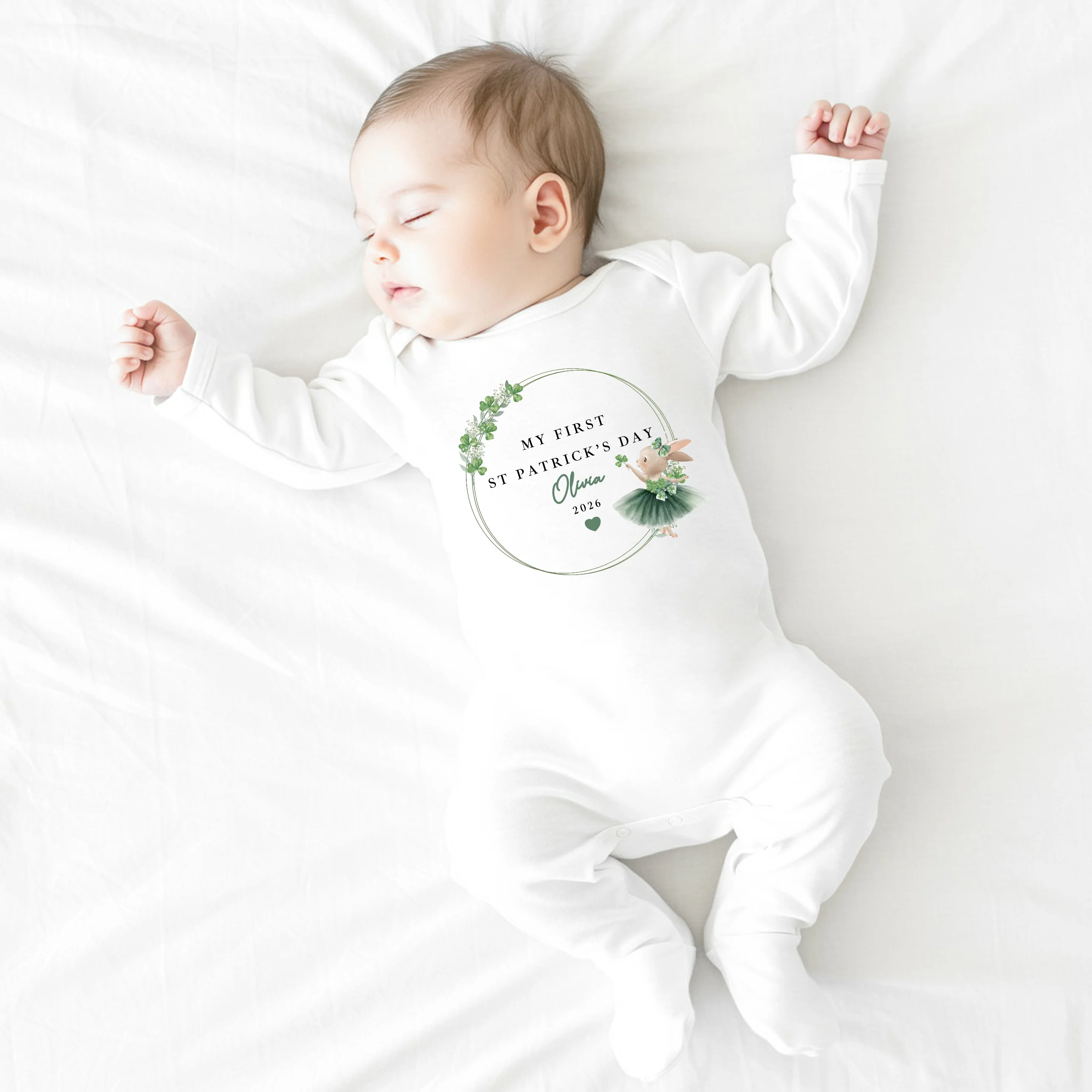 Personalised Green Rabbit Wreath St Patrick's Day Baby Grow, Vest or Bib - Image 3