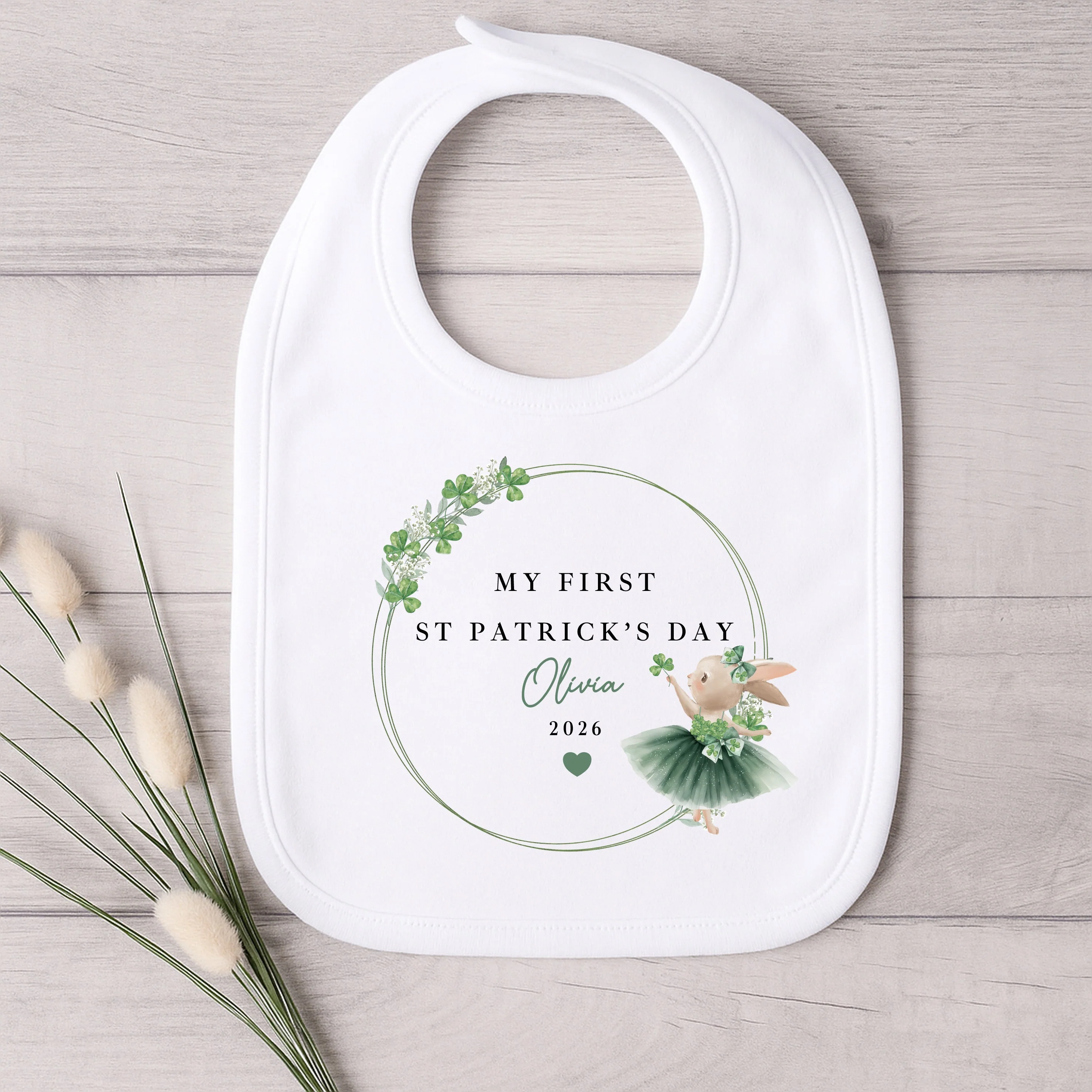 Personalised Green Rabbit Wreath St Patrick's Day Baby Grow, Vest or Bib - Image 5