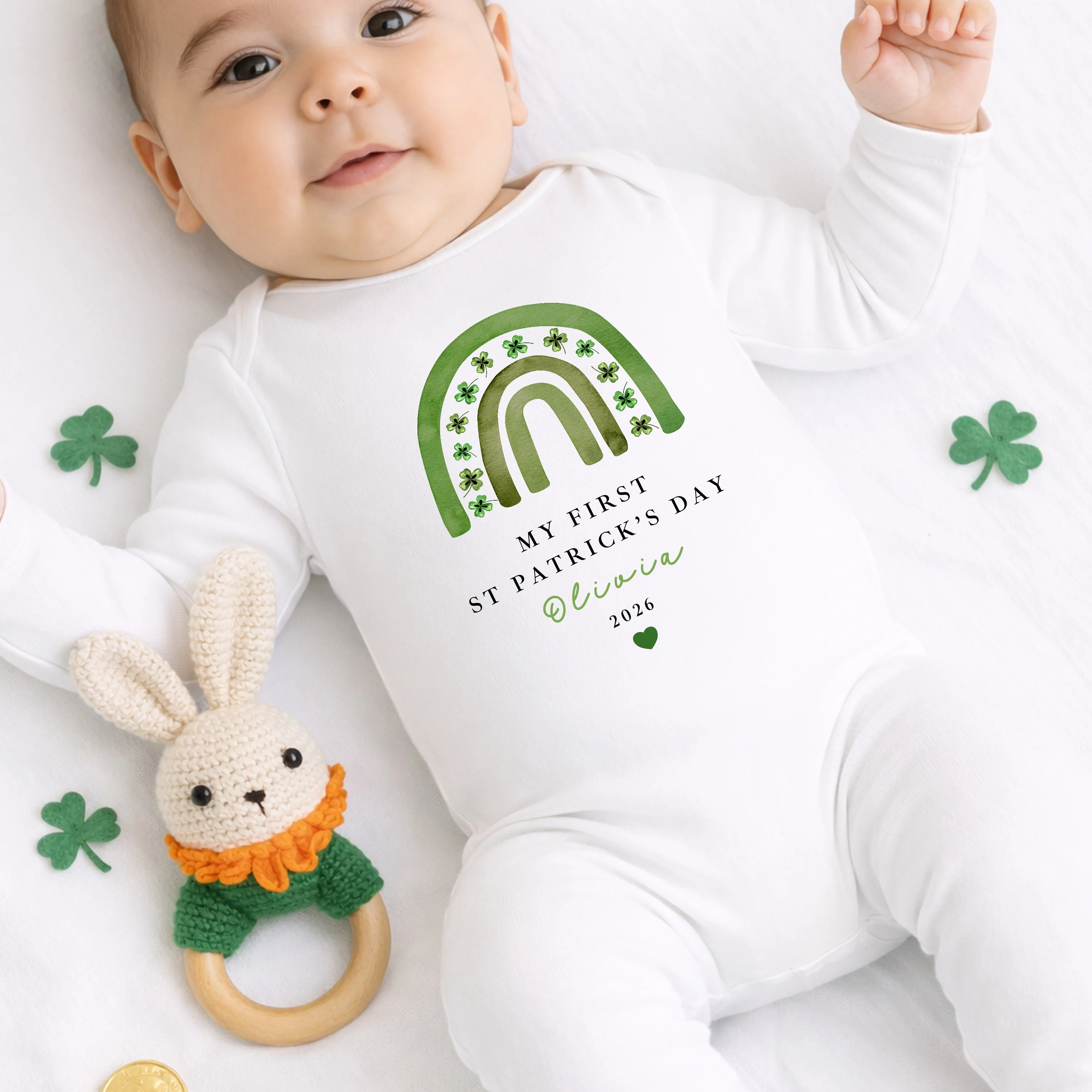 Personalised Green Rainbow My First St Patricks Day Baby Grow, Vest or Bib - Image 4