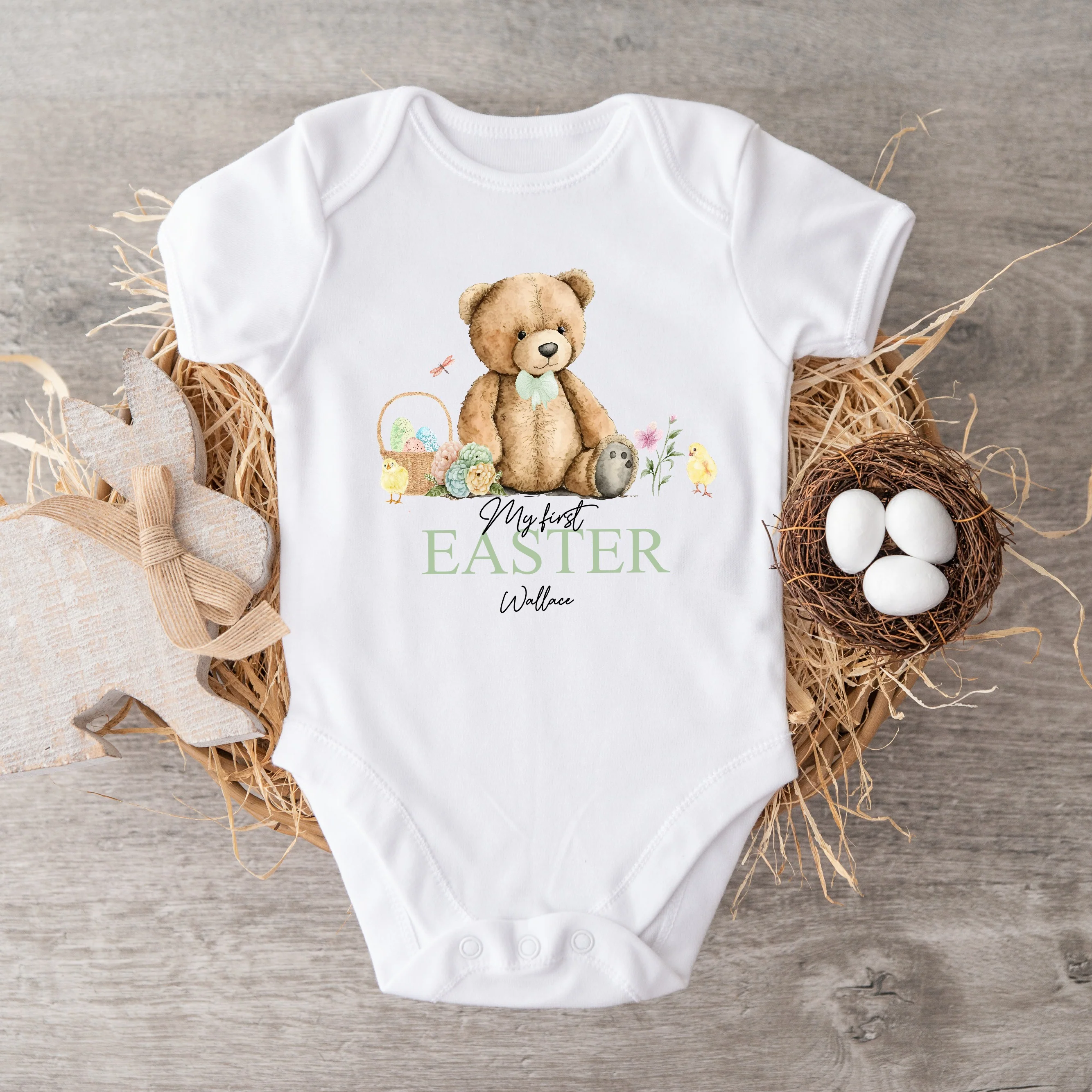 Personalised Green Teddy Bear My First Easter Baby Grow, Vest or Bib - Image 3