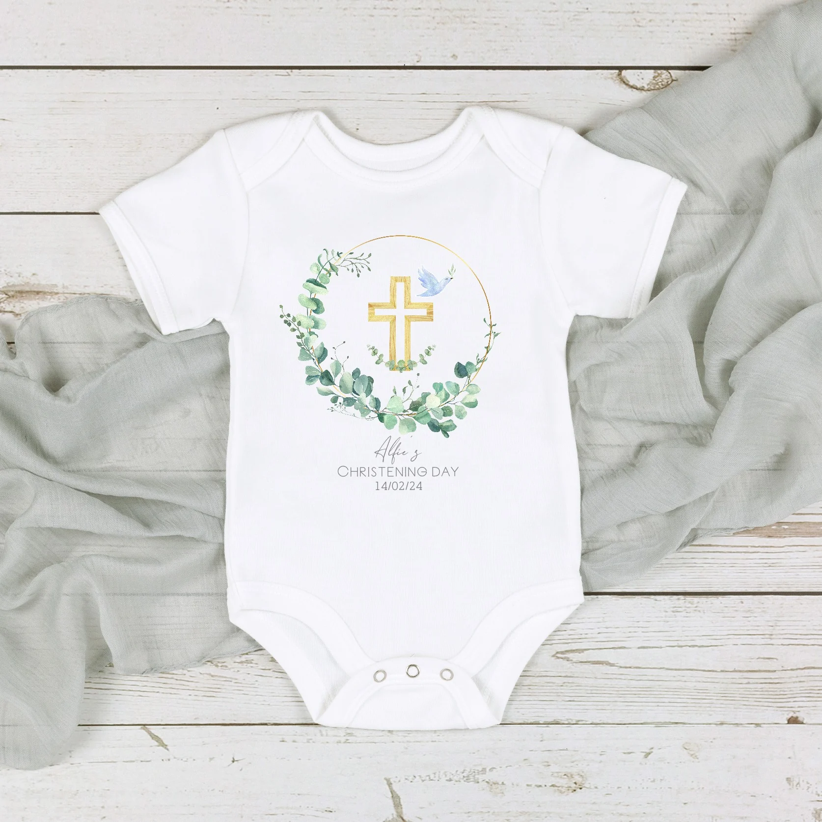 Personalised Green Wreath Christening Babygrow/Vest - Image 2