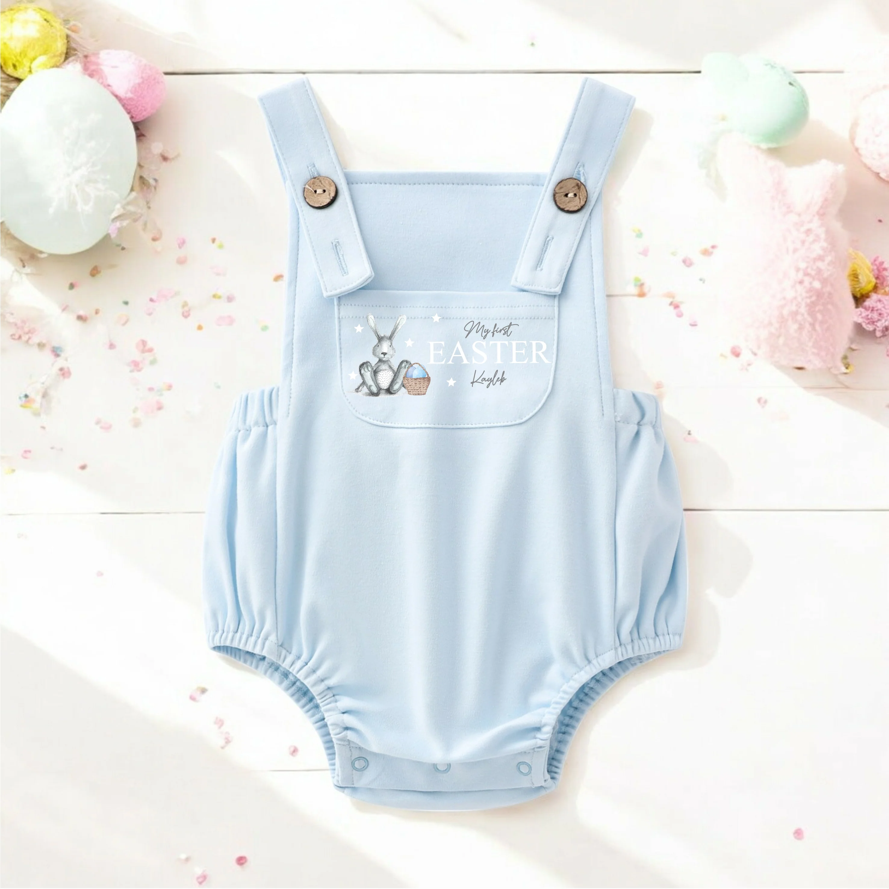 Personalised Grey Blue Bunny Happy Easter Dungarees - Image 2