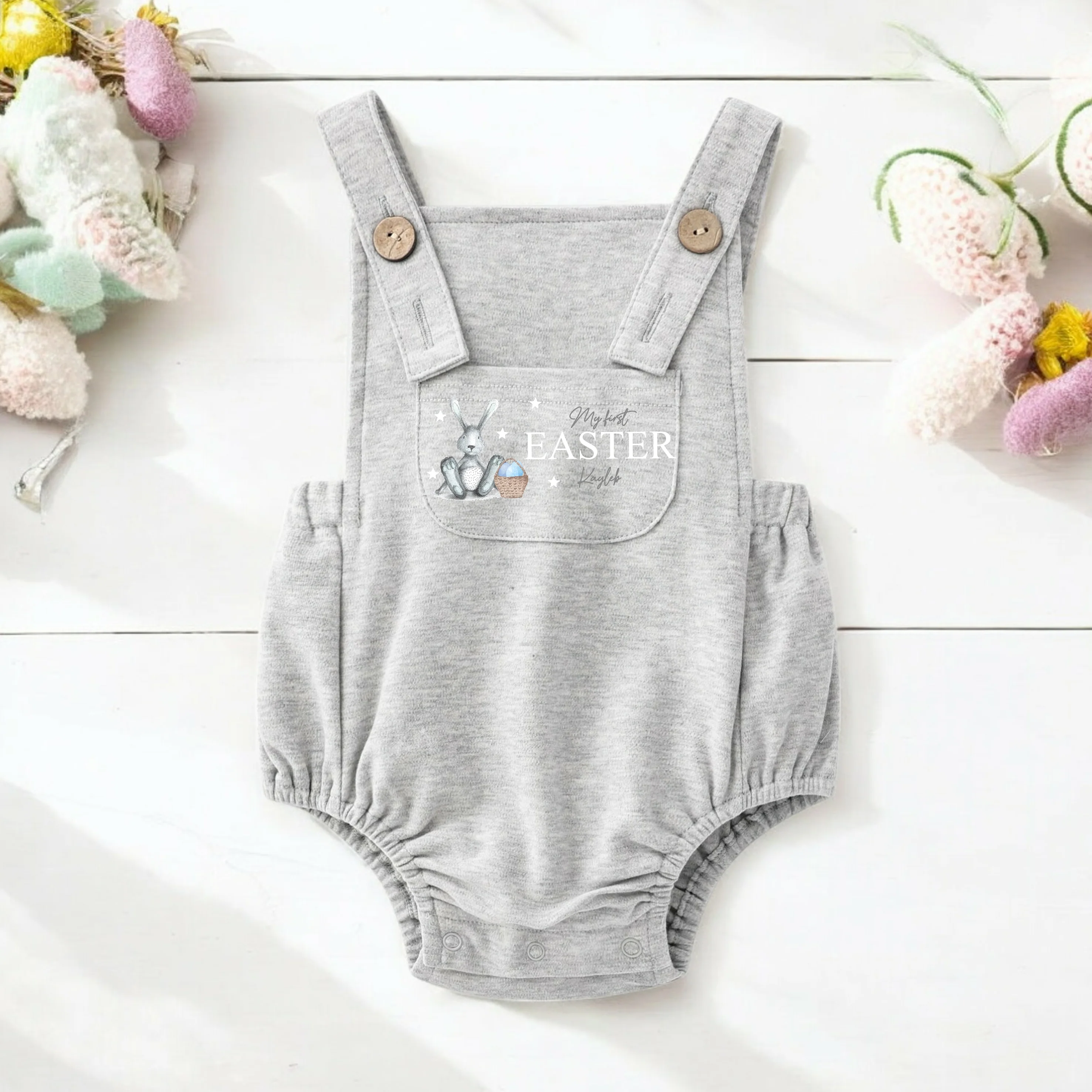 Personalised Grey Blue Bunny Happy Easter Dungarees - Image 3