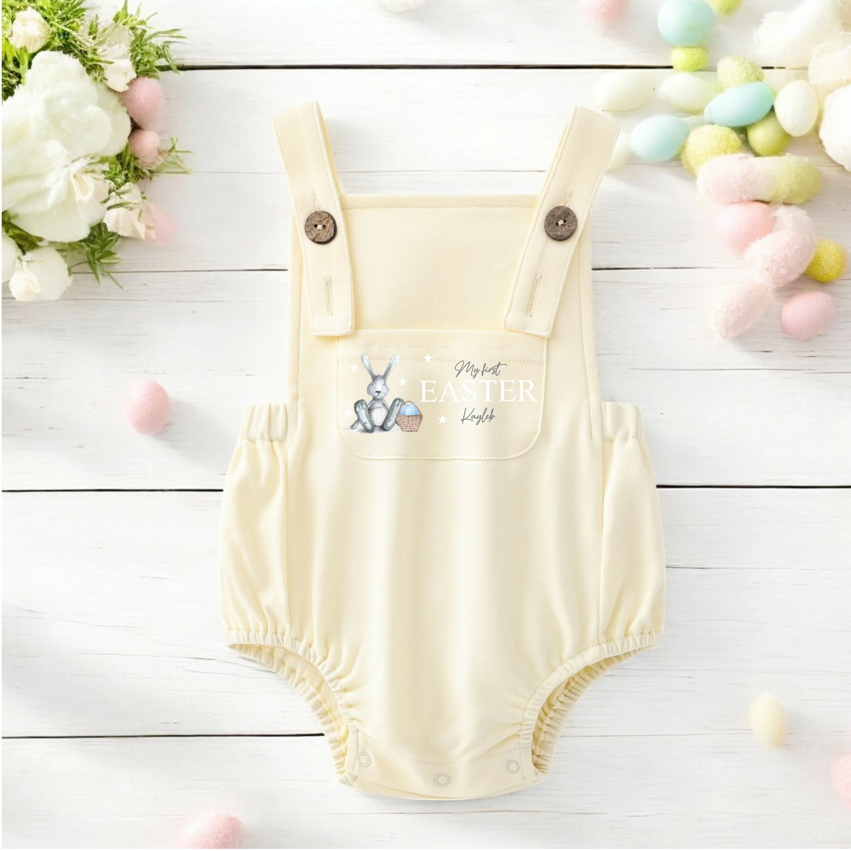 Personalised Grey Blue Bunny Happy Easter Dungarees - Image 4