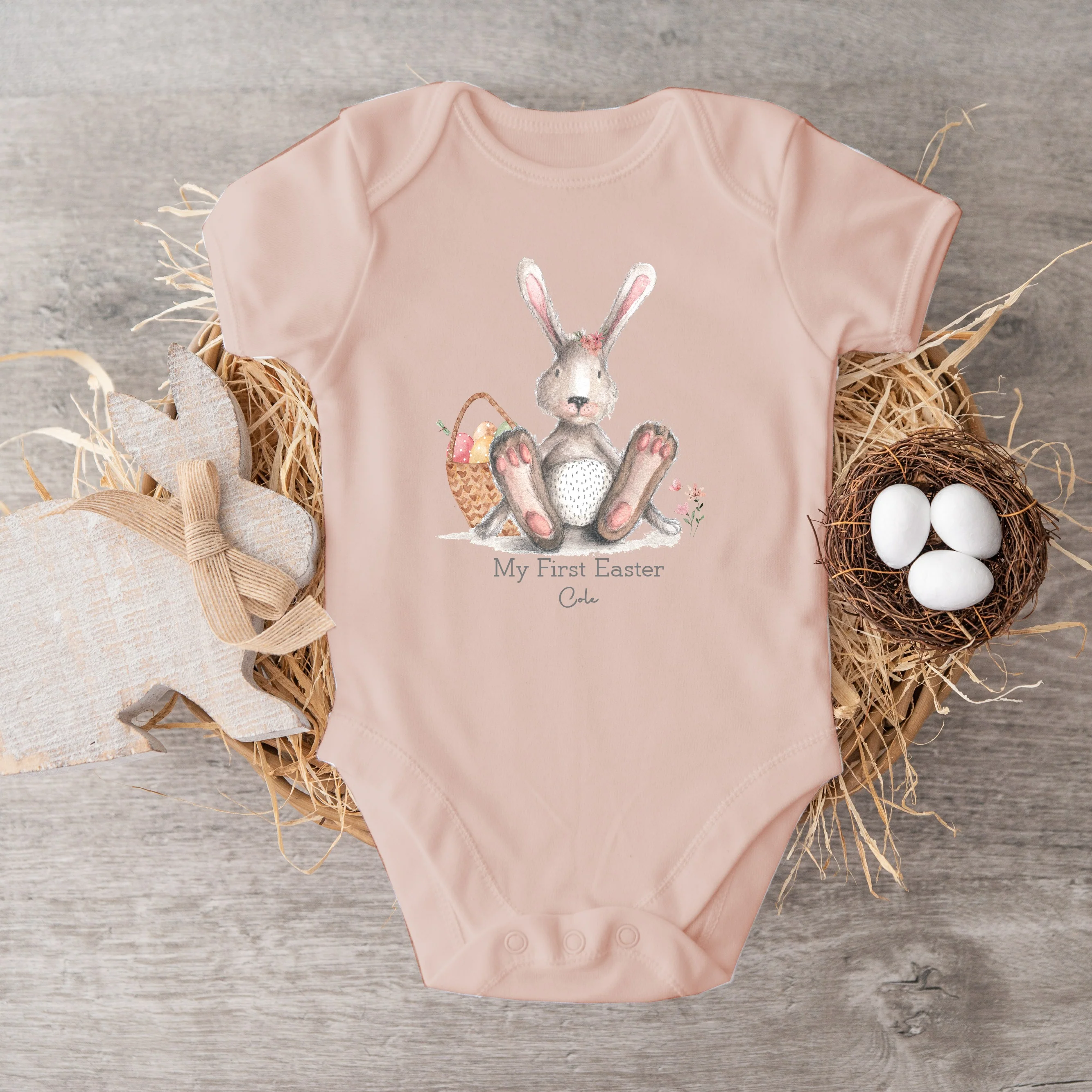 Personalised Grey Pink Bunny First Easter Baby Grow, Vest or Bib - Image 3