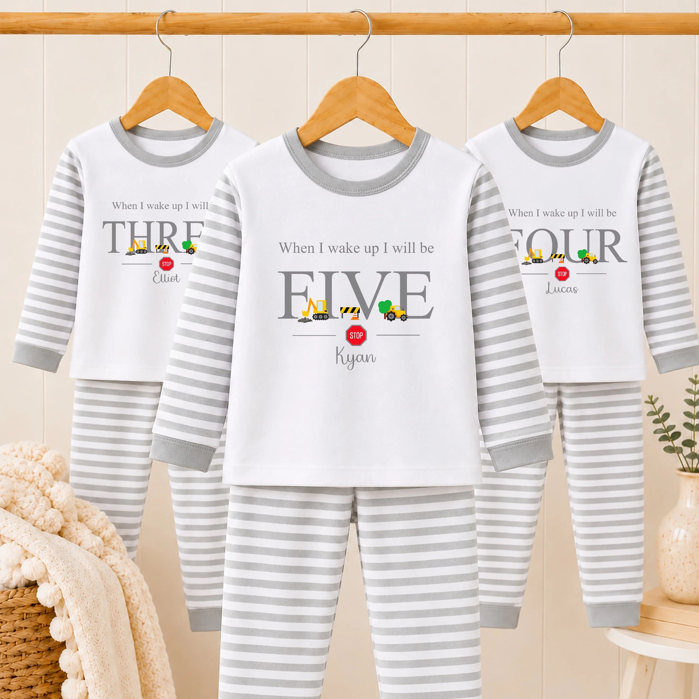 Personalised Grey Digger Construction Any Age Birthday Pyjamas - Image 2