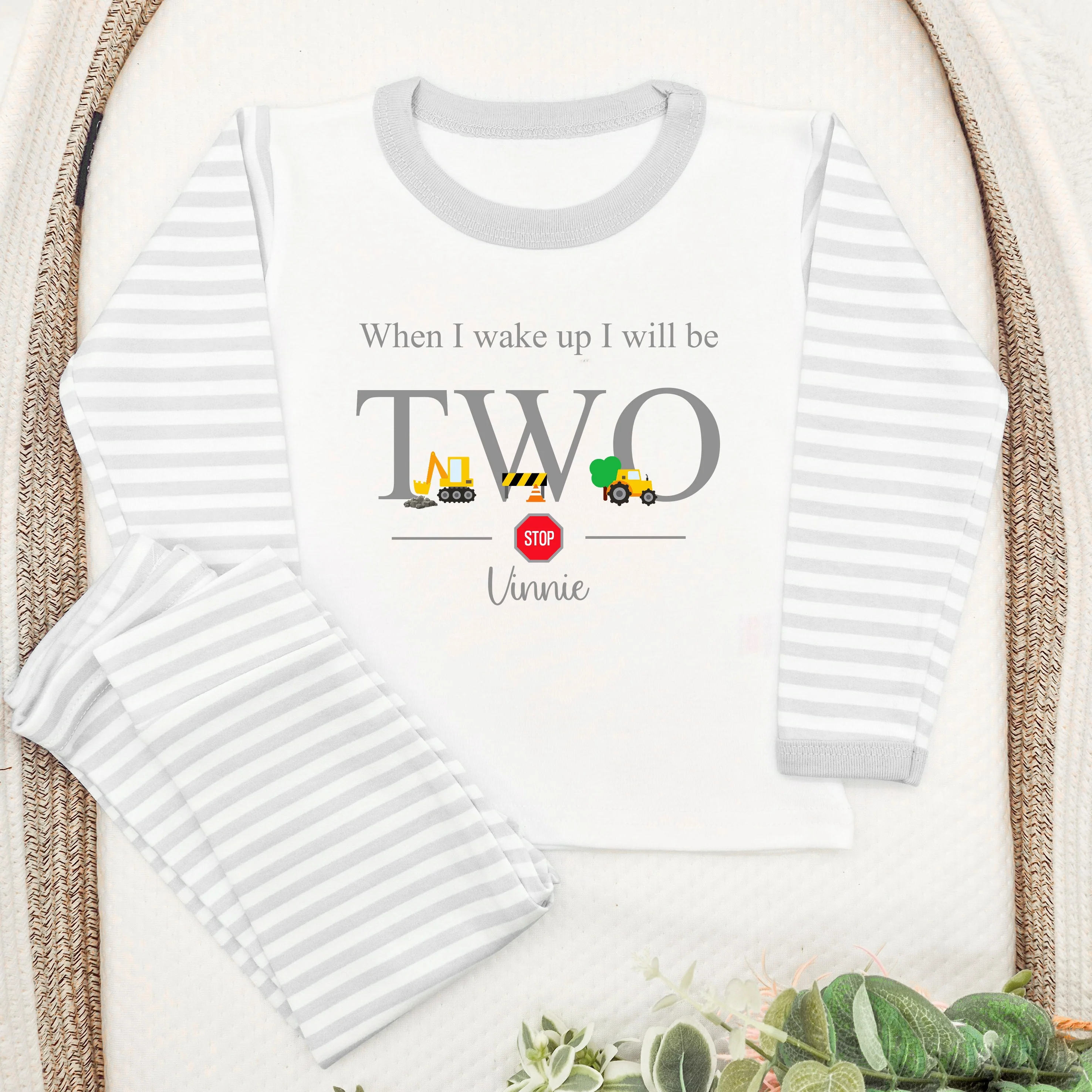 Personalised Grey Digger Construction Any Age Birthday Pyjamas - Image 3