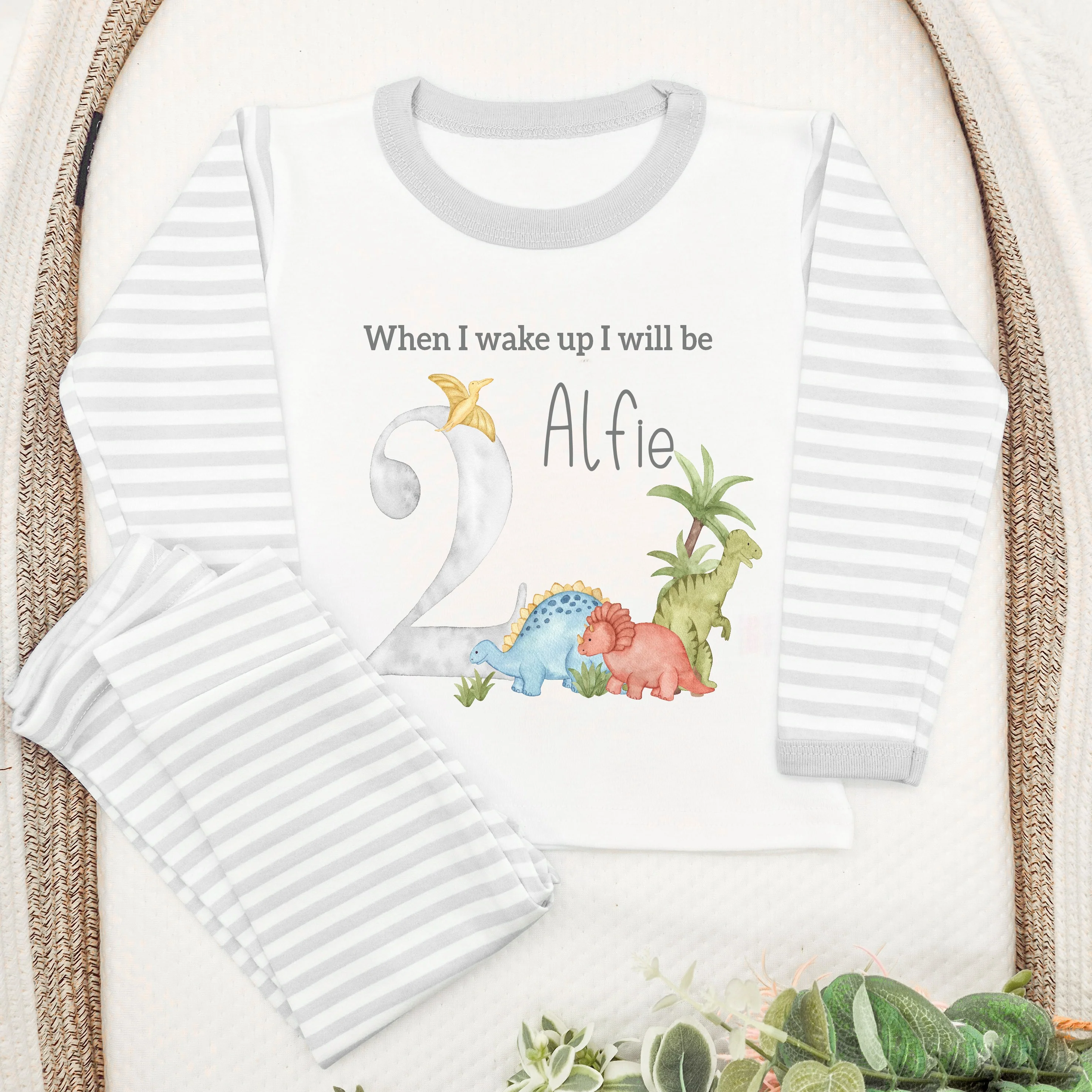 Personalised Grey Dinosaur Second Birthday Pyjamas