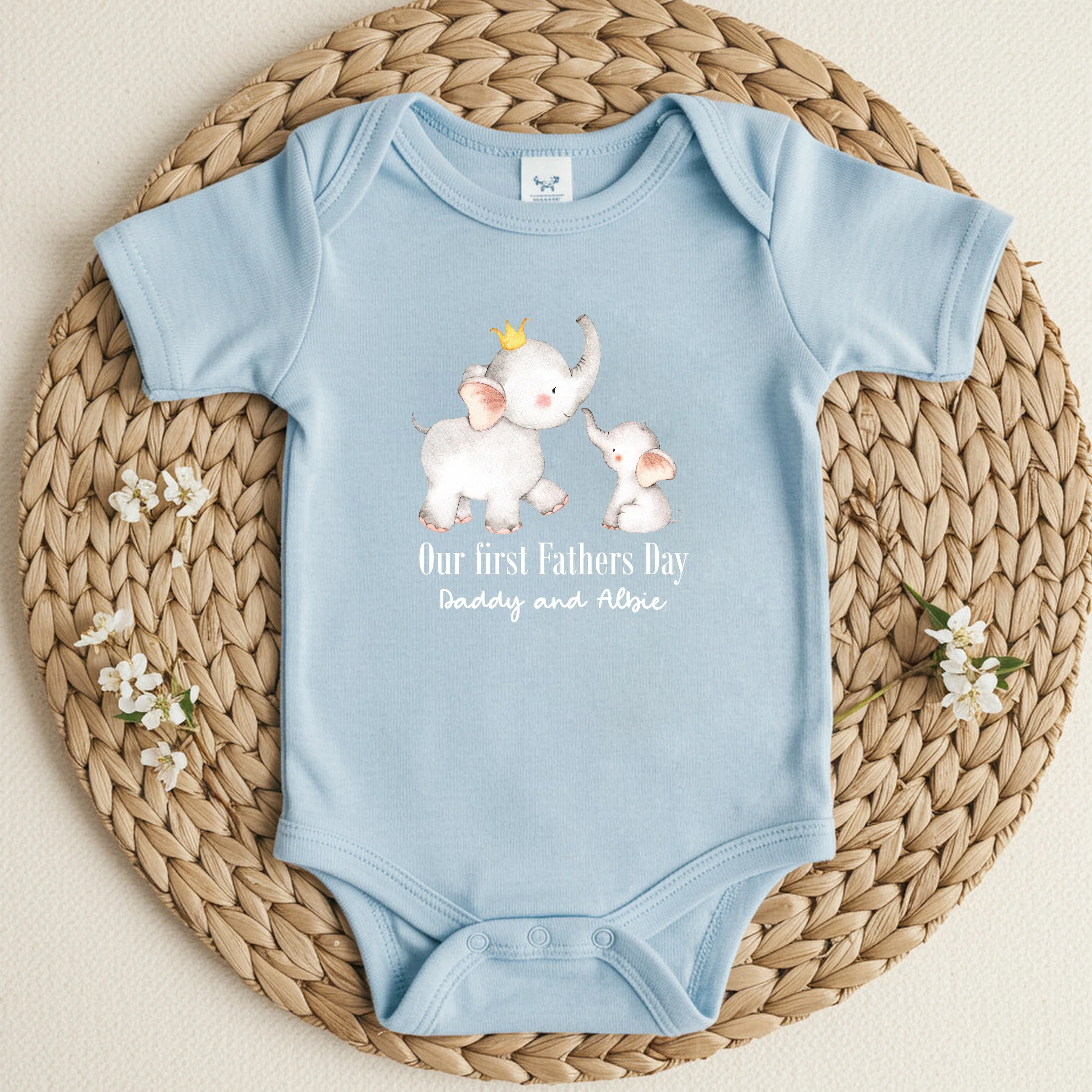 Personalised Grey Elephant First Father's Day Blue or Pink Baby Grow or Vest - Image 3